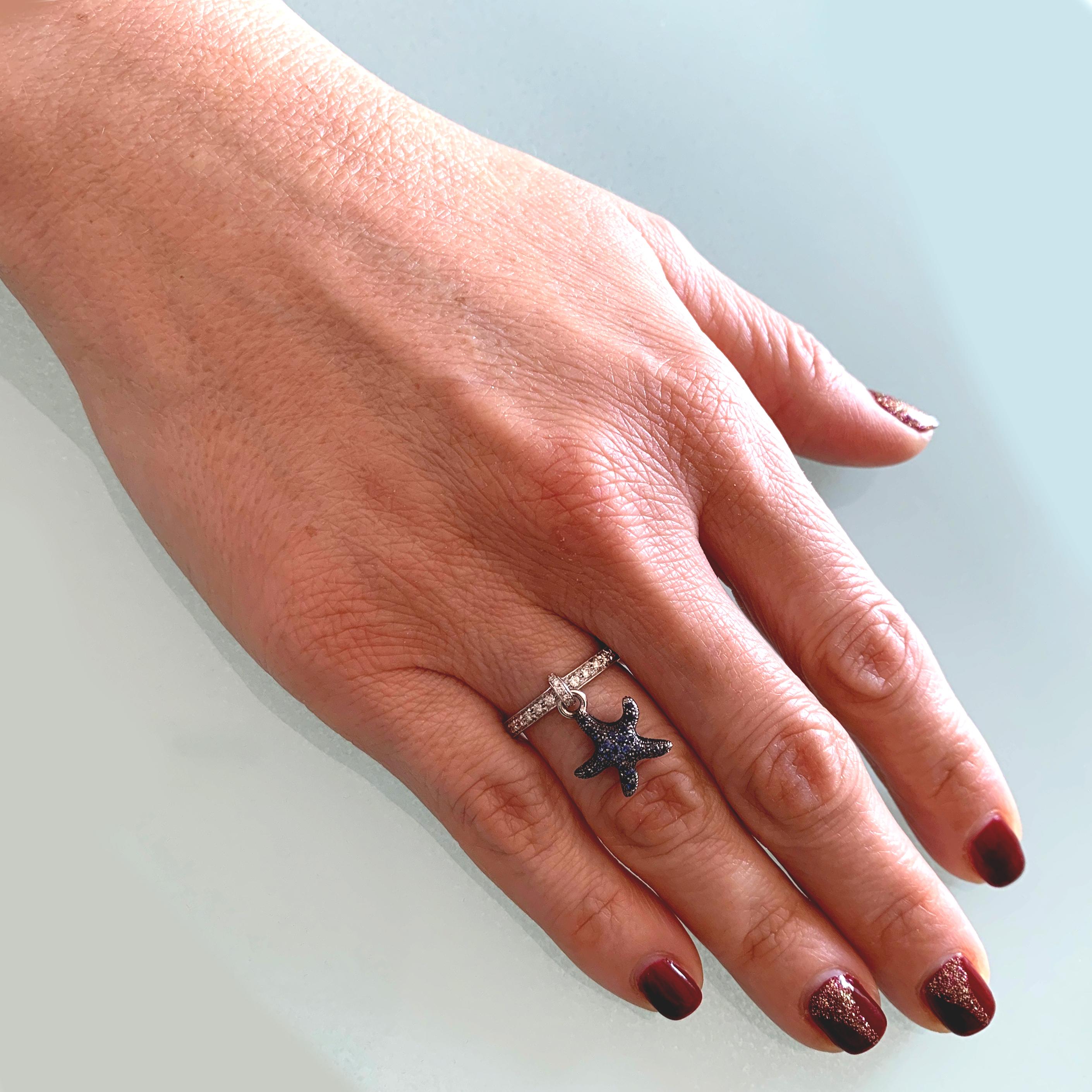 Women's Gilberto Cassola Sapphire and Diamond Starfish Charm White Gold Ring  For Sale