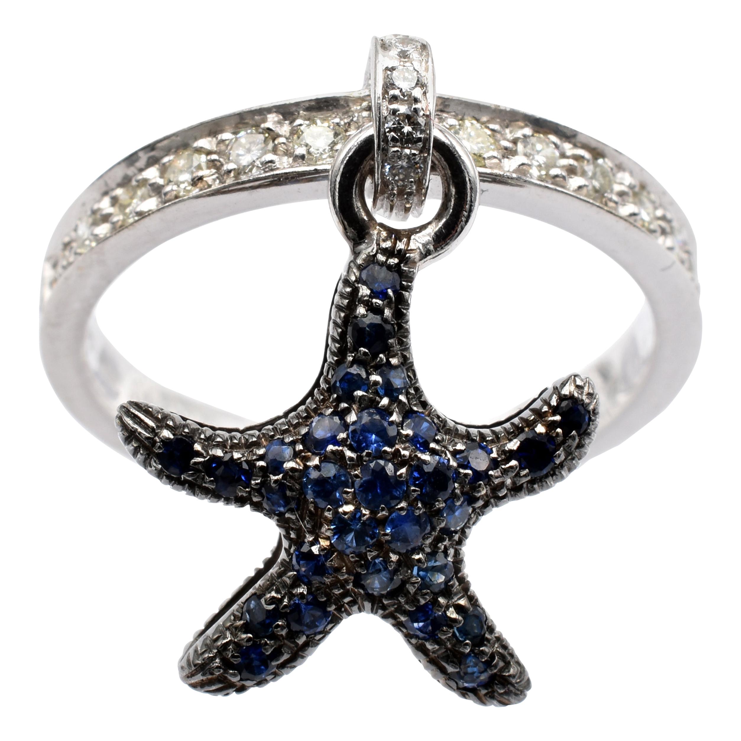 Gilberto Cassola Sapphire and Diamond Starfish Charm White Gold Ring  For Sale