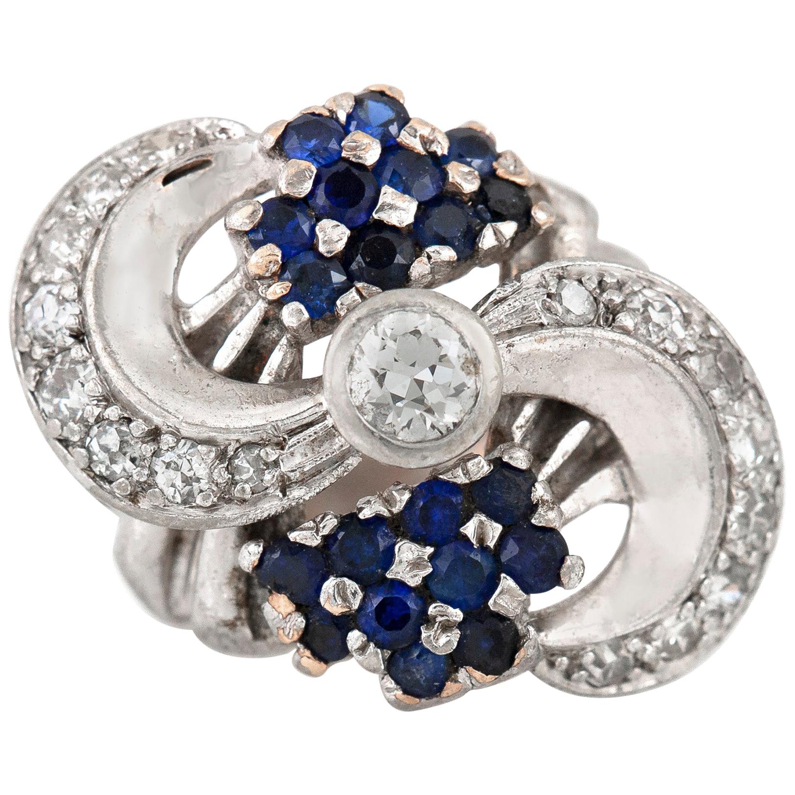 Antique Platinum Round Sapphire and Baguette Diamond Fashion Statement