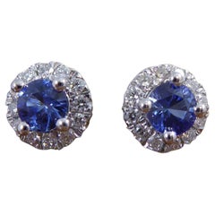 Sapphire and Diamond Stud Earrings, Classic Cluster Style, White Gold