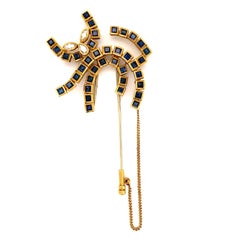 Sapphire and Diamond Stylized Cat Arts and Crafts Gold Brooch Pin
