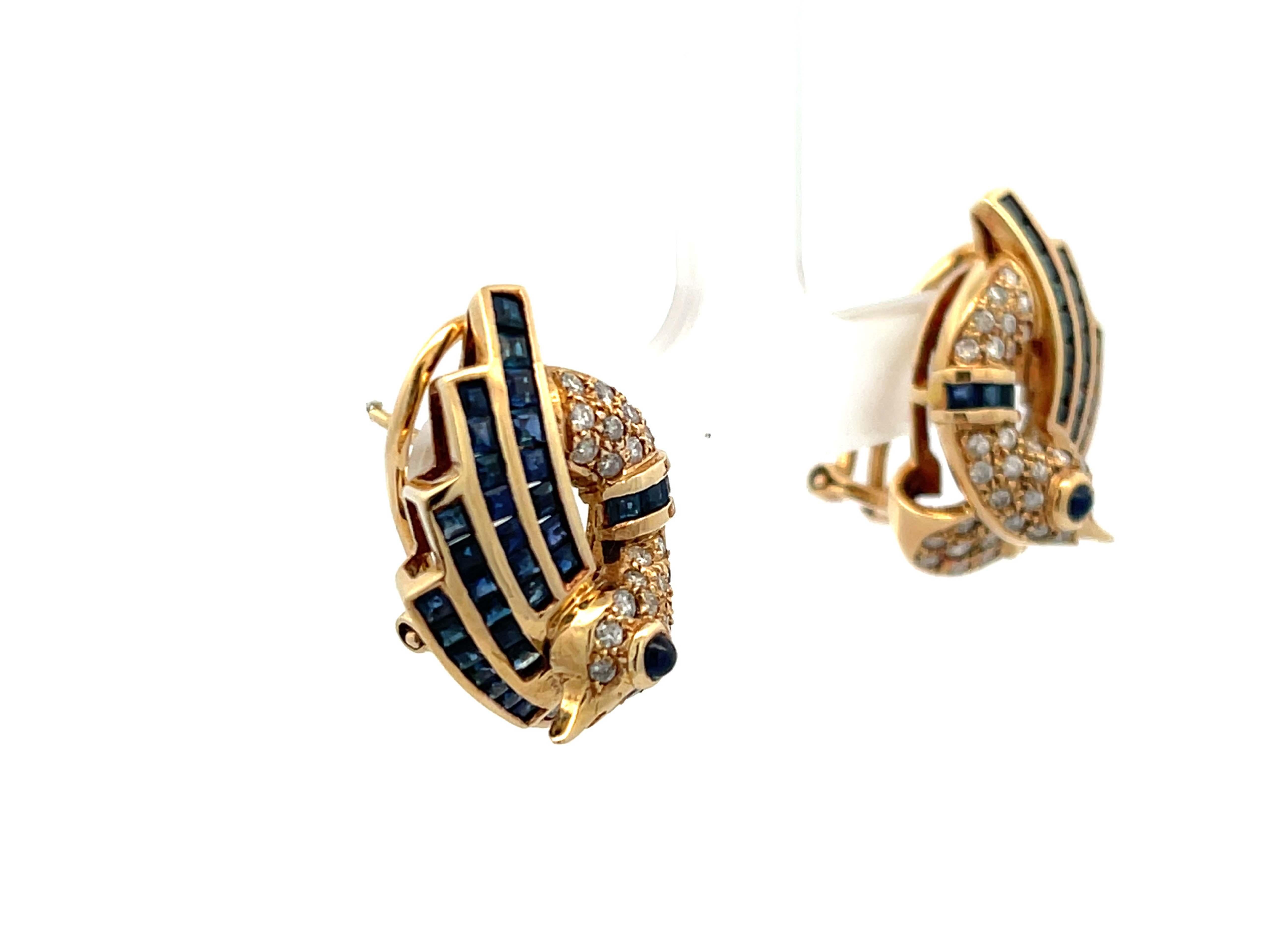 Brilliant Cut Sapphire and Diamond Swan Earrings in 14k Yellow Gold For Sale