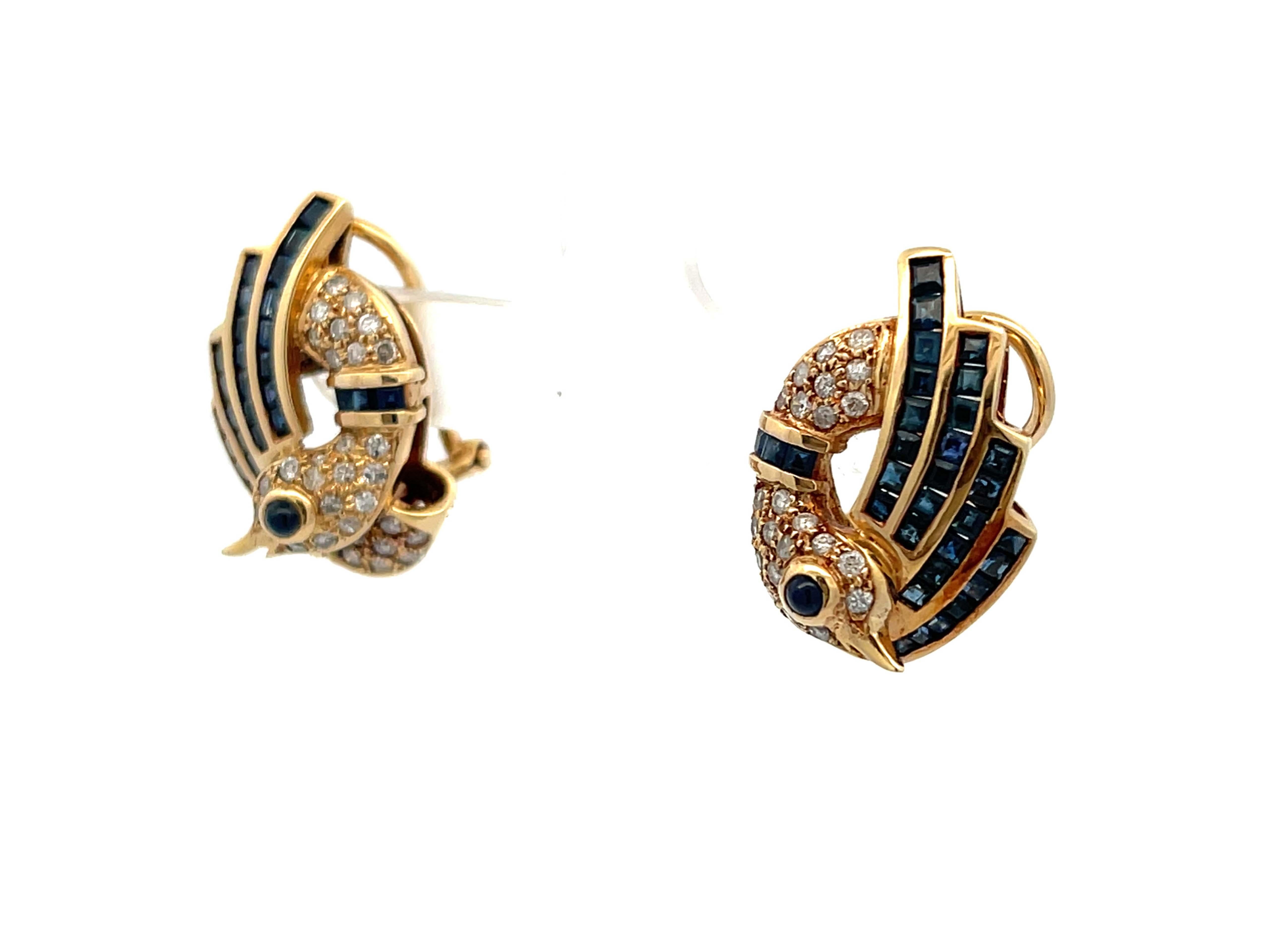 Sapphire and Diamond Swan Earrings in 14k Yellow Gold In Excellent Condition For Sale In Honolulu, HI