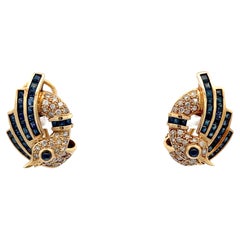 Sapphire and Diamond Swan Earrings in 14k Yellow Gold