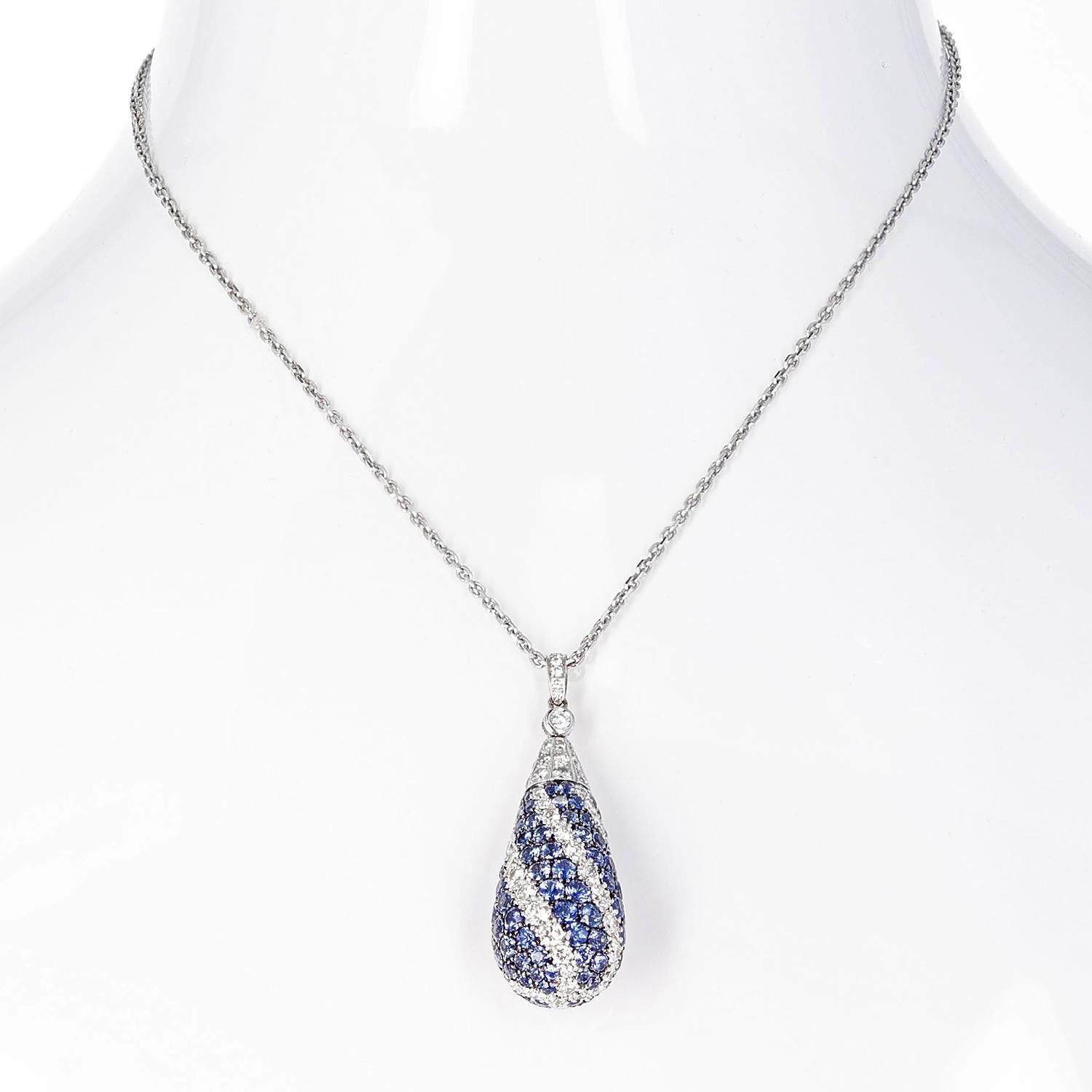 Round Cut Sapphire and Diamond Swirl Design Pendant Necklace, 18k Gold For Sale