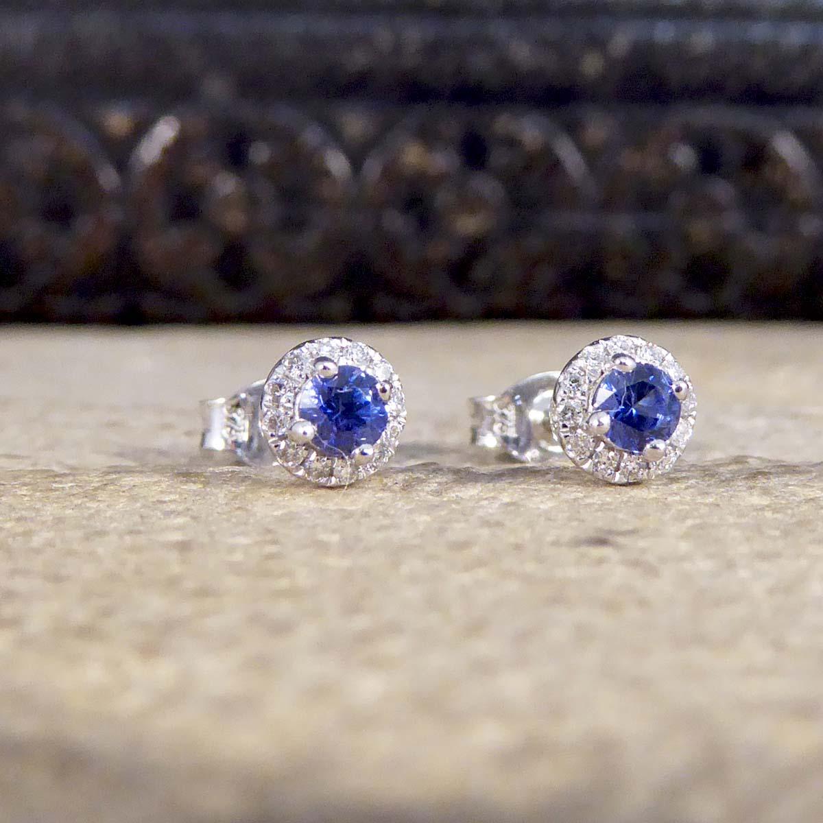 Edwardian Sapphire and Diamond Target Cluster Stud Earrings in 9 Carat White Gold For Sale