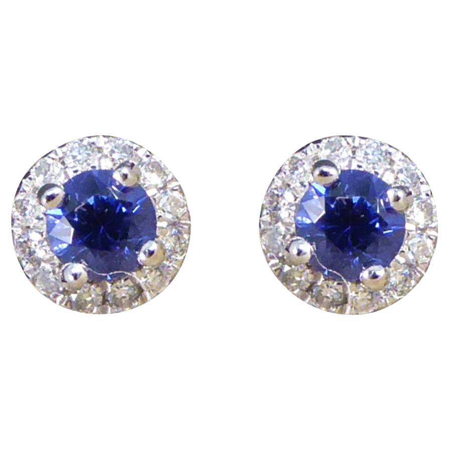 Sapphire and Diamond Target Cluster Stud Earrings in 9 Carat White Gold For Sale