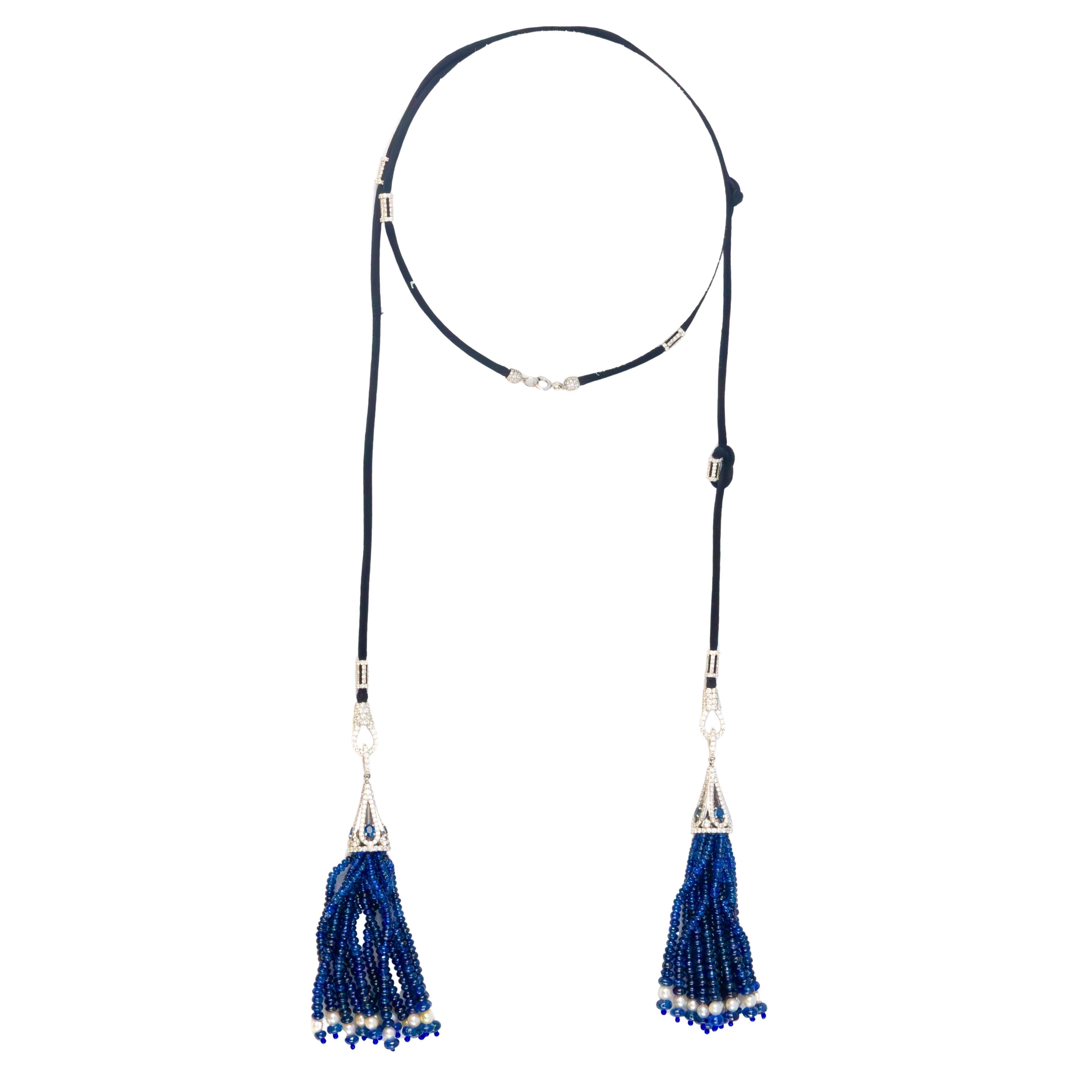 Sapphire and Diamond Tassel Necklace on Silk