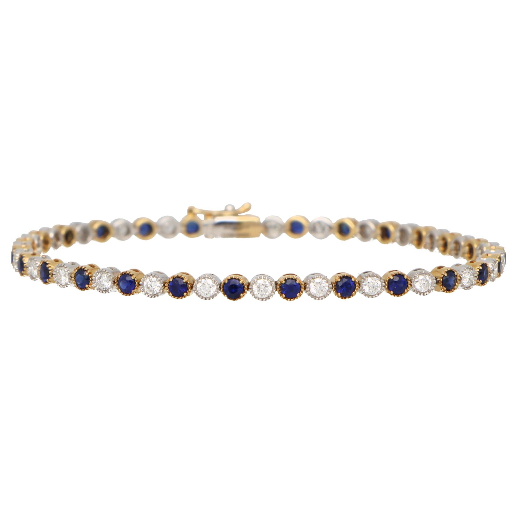 Modern Sapphire and Diamond Tennis Line Bracelet Set in 18k White and Yellow Gold For Sale