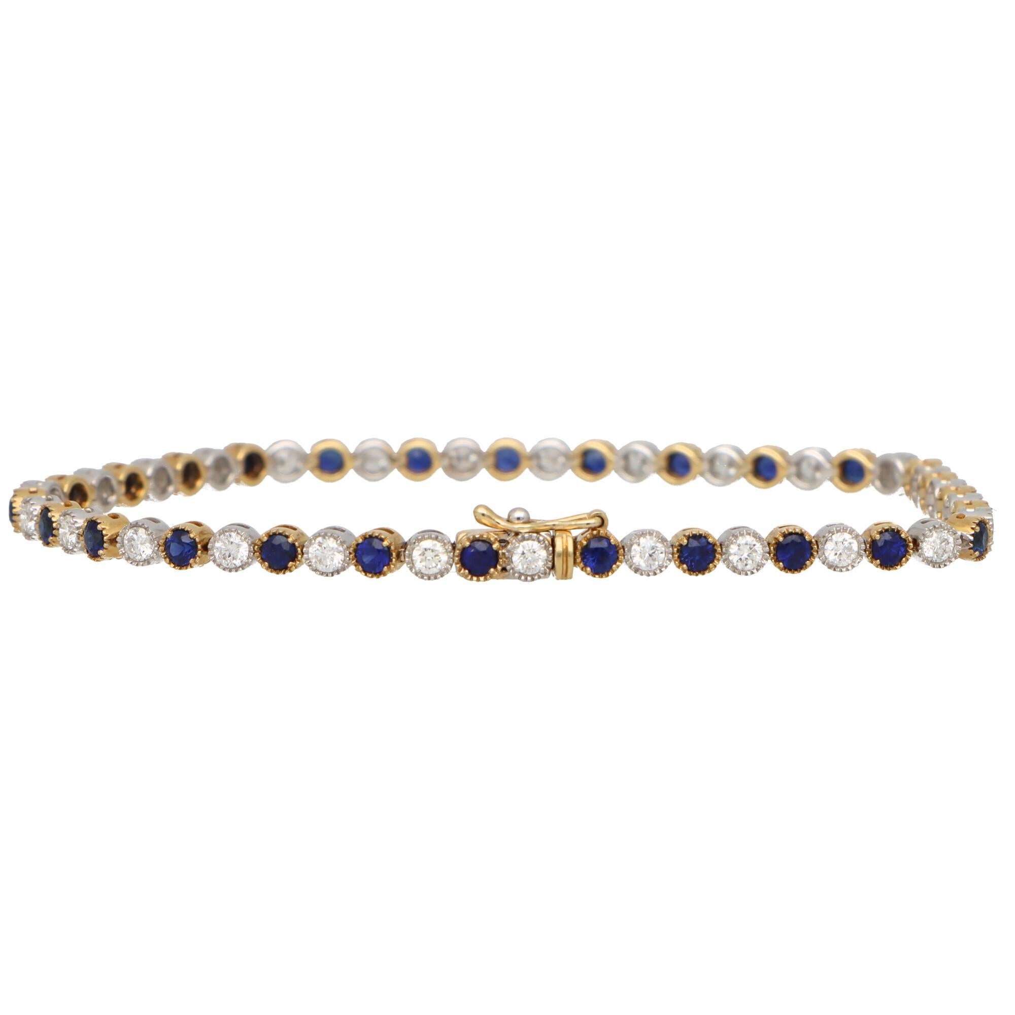 Round Cut Sapphire and Diamond Tennis Line Bracelet Set in 18k White and Yellow Gold For Sale