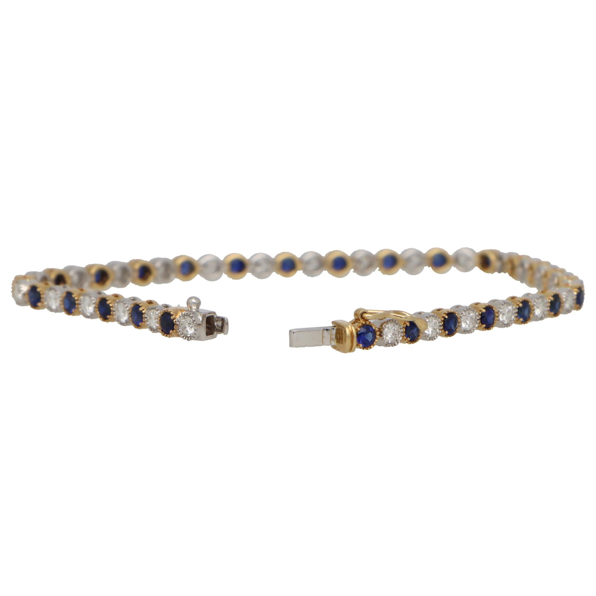 Sapphire and Diamond Tennis Line Bracelet Set in 18k White and Yellow Gold In New Condition For Sale In London, GB