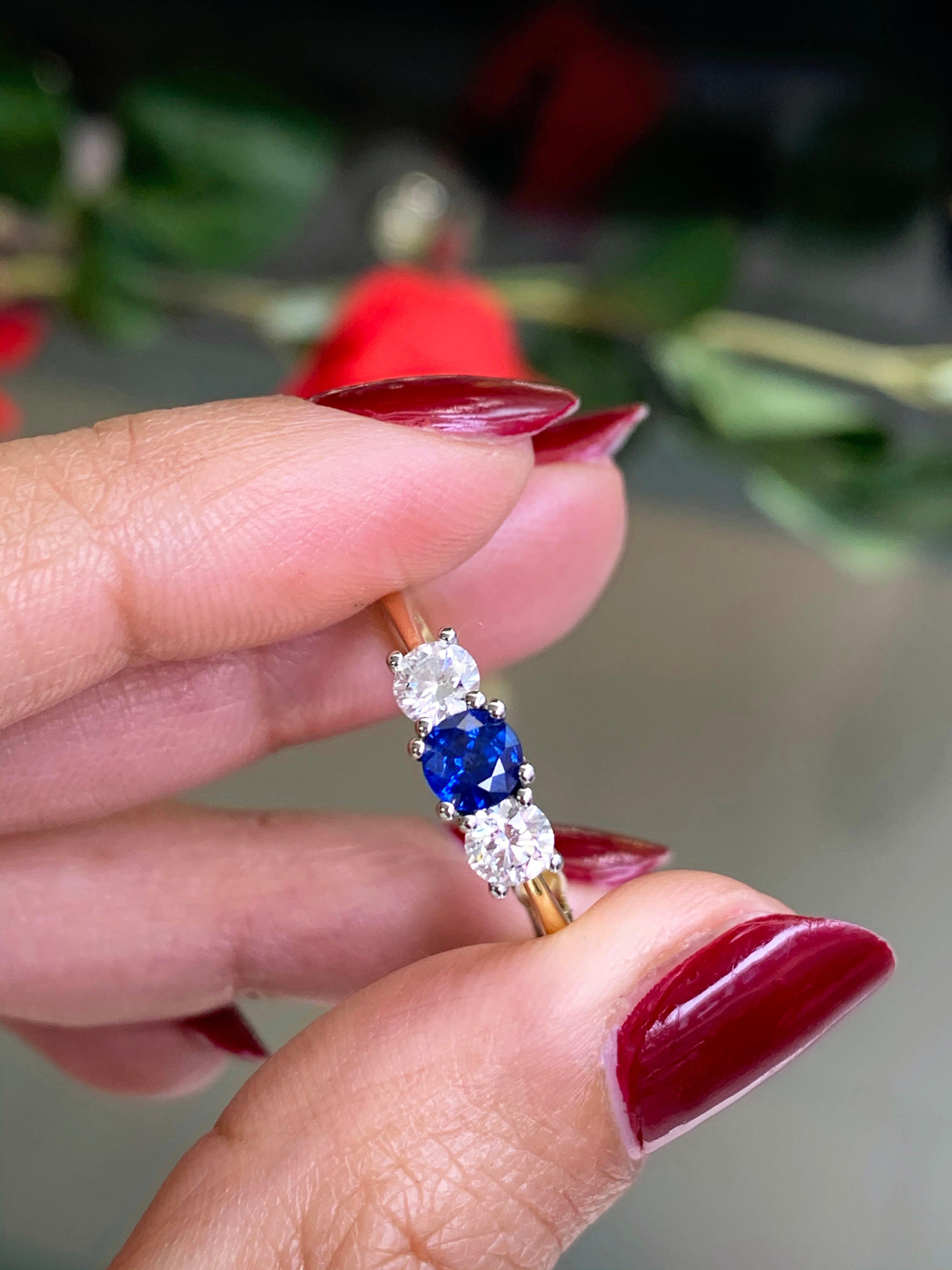 Round Cut Sapphire and Diamond Three-Stone 18 Carat Gold and Platinum Engagement Ring