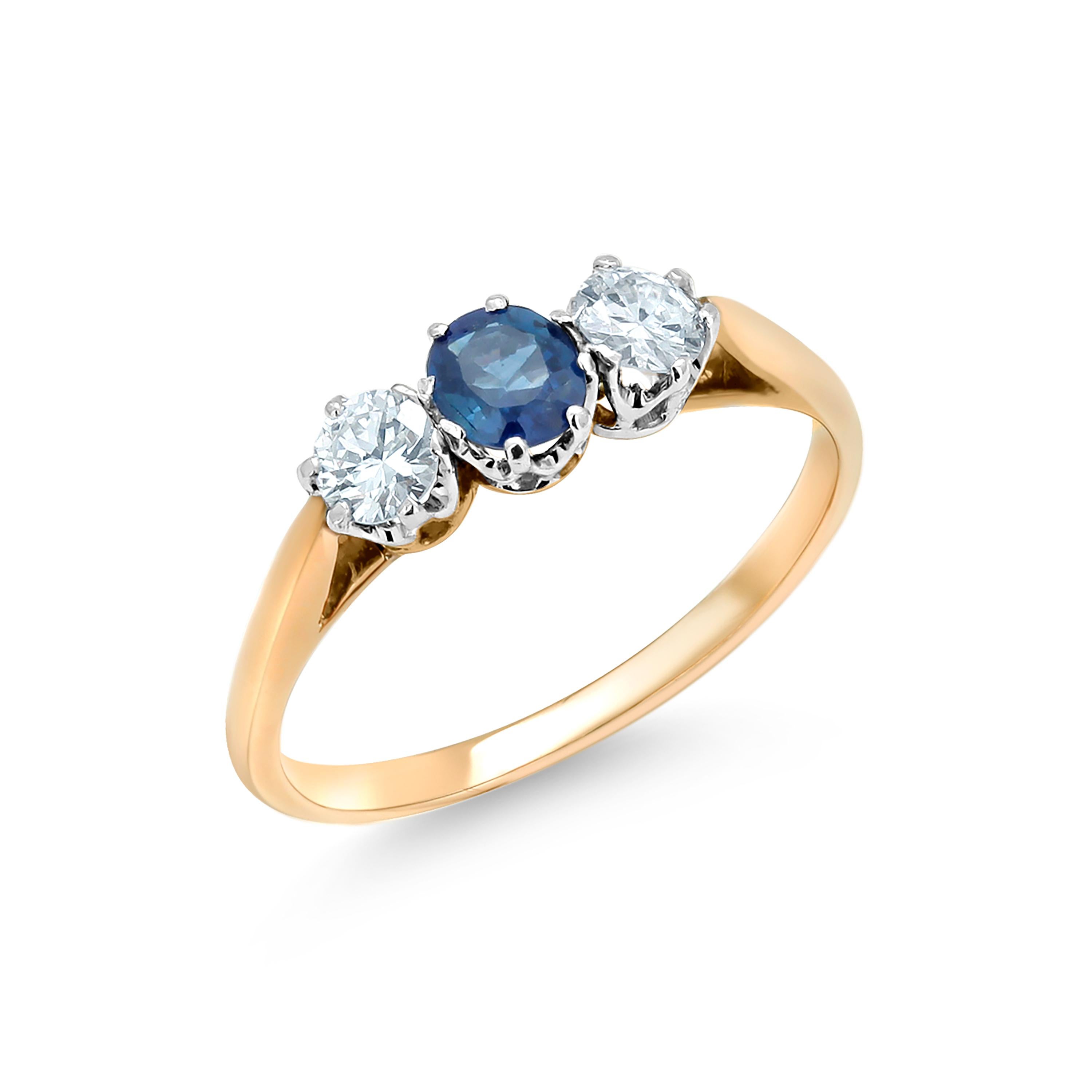 Art Deco Sapphire and Diamond Three Stone Eighteen Karat Gold Ring