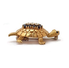 Sapphire and Diamond Turtle Pin in 18 Karat Yellow Gold