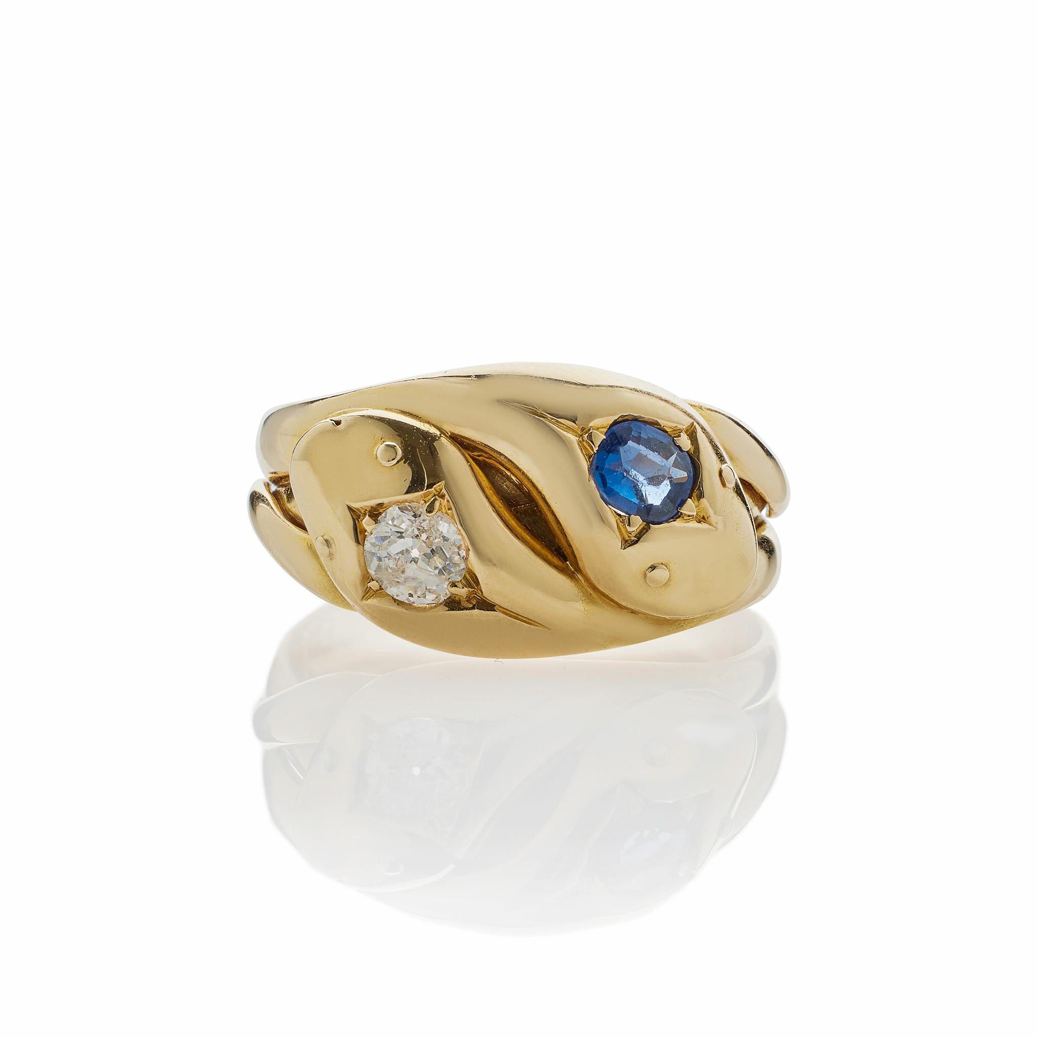 Late Victorian Sapphire and Diamond Twinstone Double Snake Ring For Sale