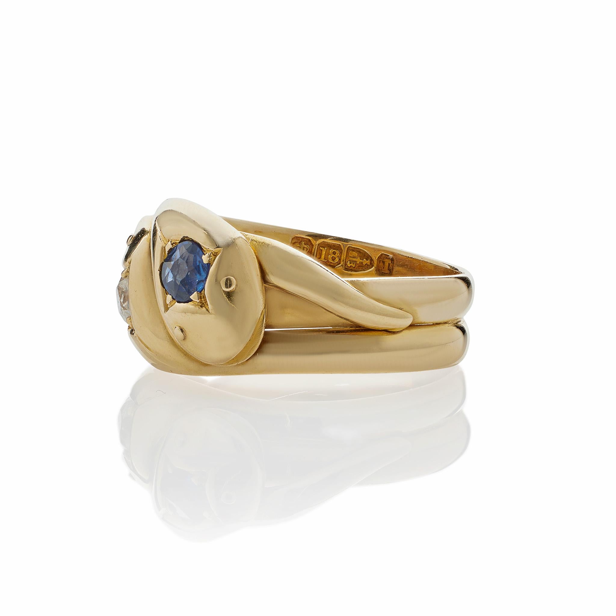 Sapphire and Diamond Twinstone Double Snake Ring In Excellent Condition For Sale In New York, NY