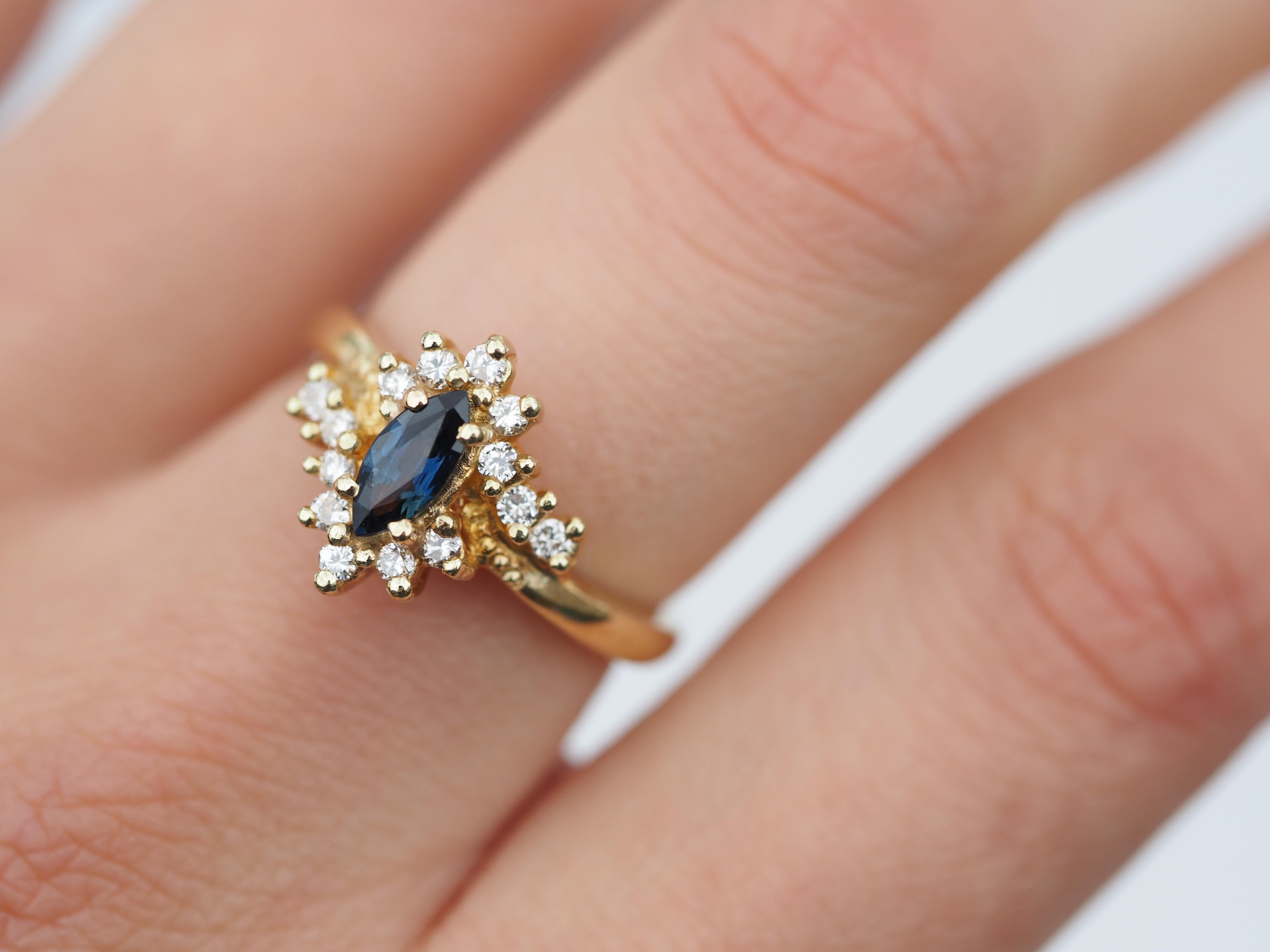 Retro Sapphire and Diamond Vintage Marquise Ring in 14 Karat Yellow Gold For Sale