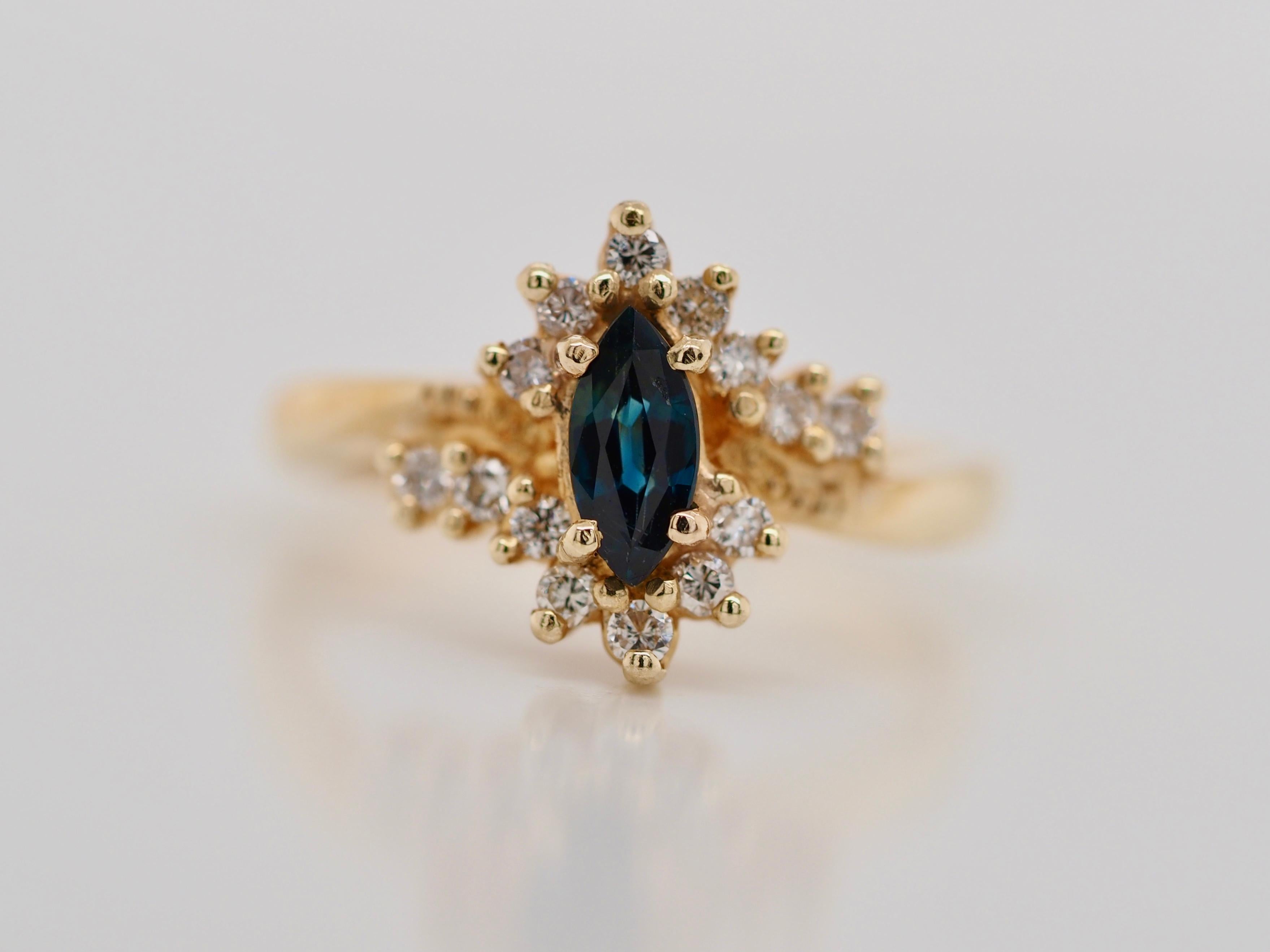 Women's or Men's Sapphire and Diamond Vintage Marquise Ring in 14 Karat Yellow Gold For Sale