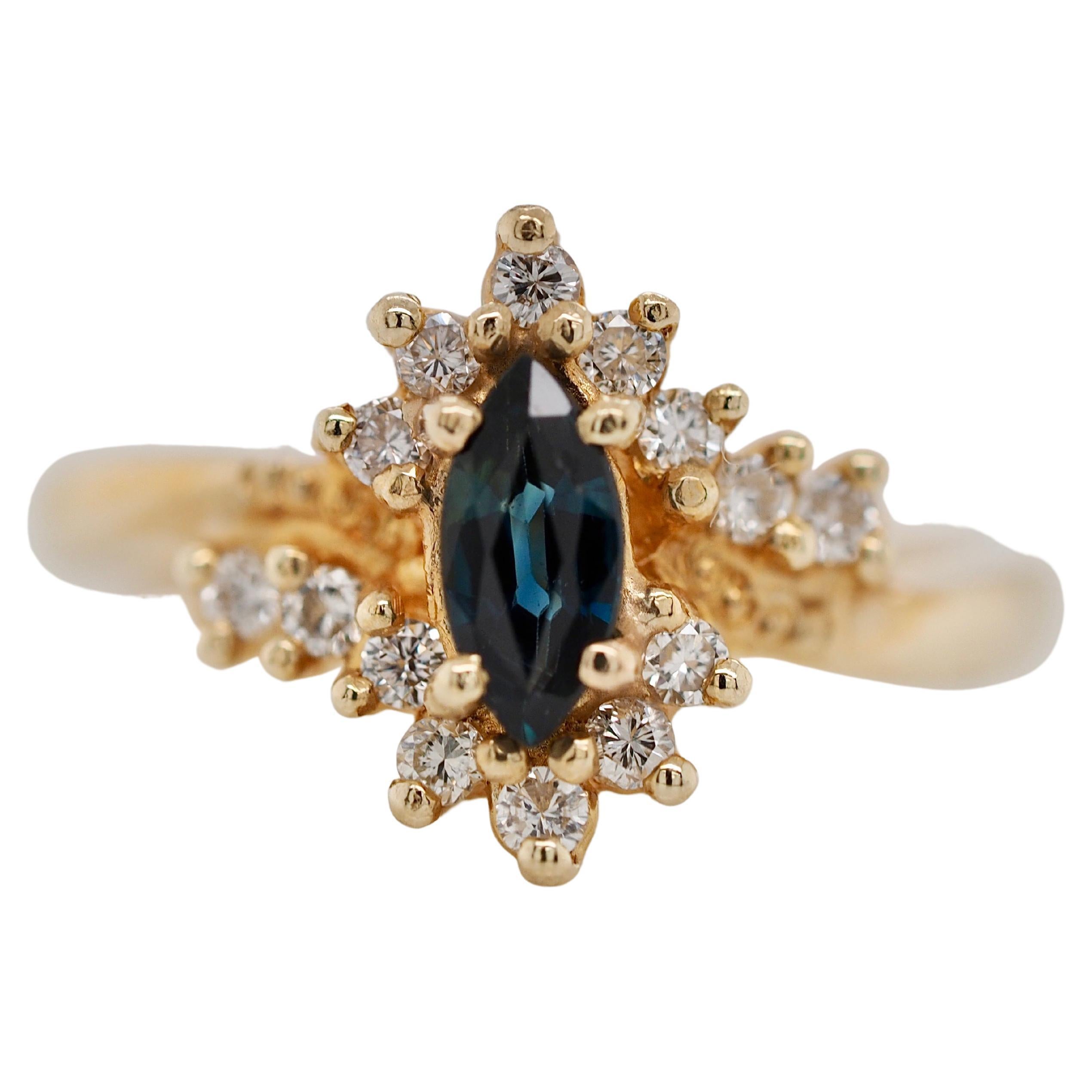 Sapphire and Diamond Vintage Marquise Ring in 14 Karat Yellow Gold For Sale