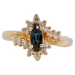 Bague marquise vintage en or jaune 14 carats avec saphirs et diamants