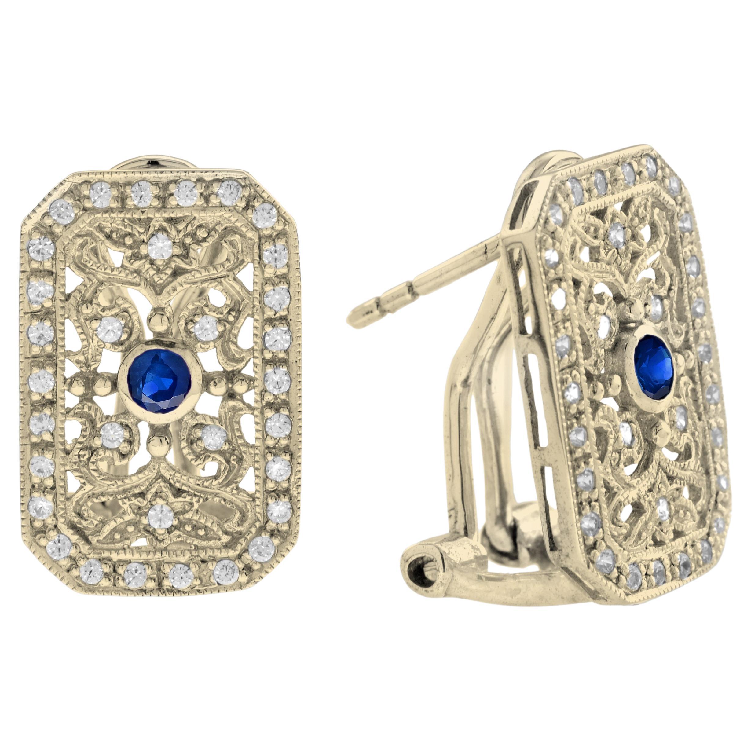 Sapphire and Diamond Vintage Style Filigree Earrings in 14K Yellow Gold For Sale