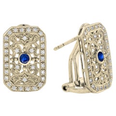 Boucles d'oreilles filigranes en or jaune 14 carats avec saphirs et diamants de style vintage