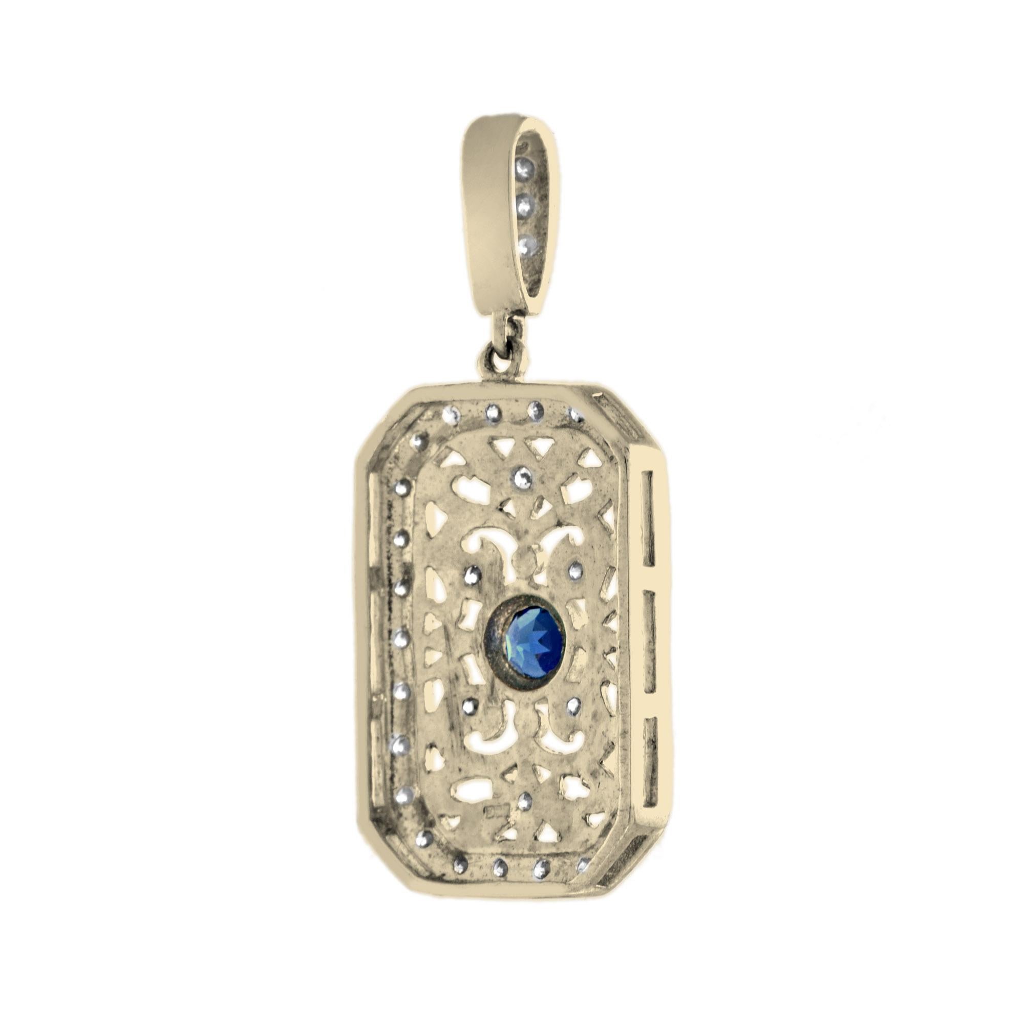 Art Deco Sapphire and Diamond Vintage Style Filigree Pendant in 14K Yellow Gold For Sale