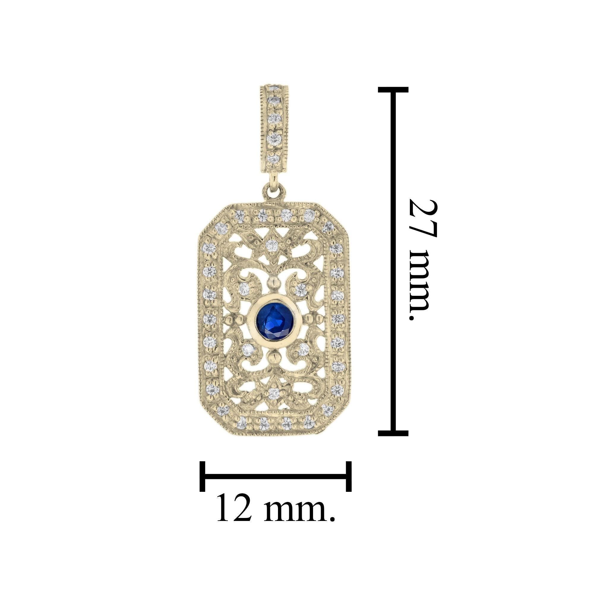 Round Cut Sapphire and Diamond Vintage Style Filigree Pendant in 14K Yellow Gold For Sale