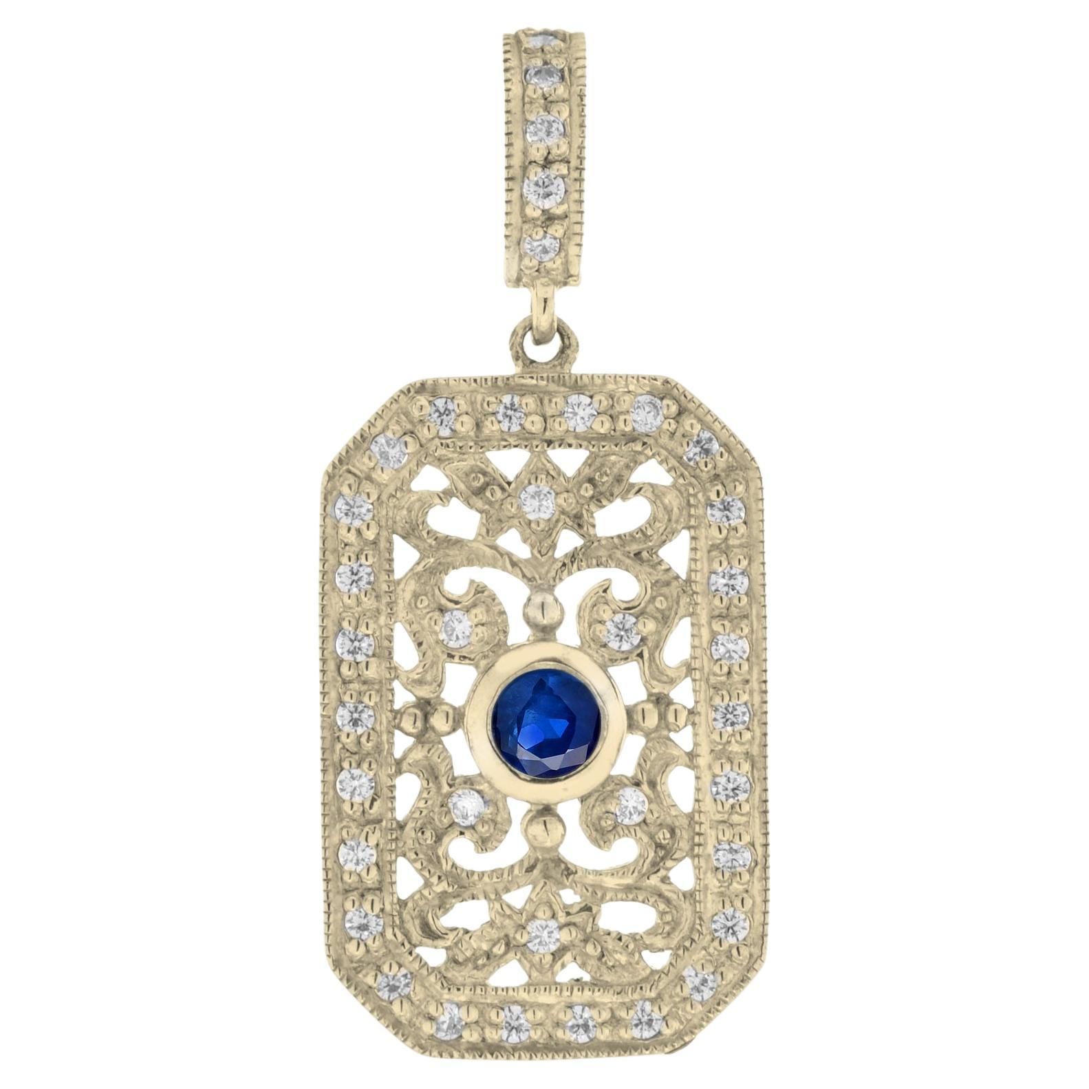 Sapphire and Diamond Vintage Style Filigree Pendant in 14K Yellow Gold For Sale