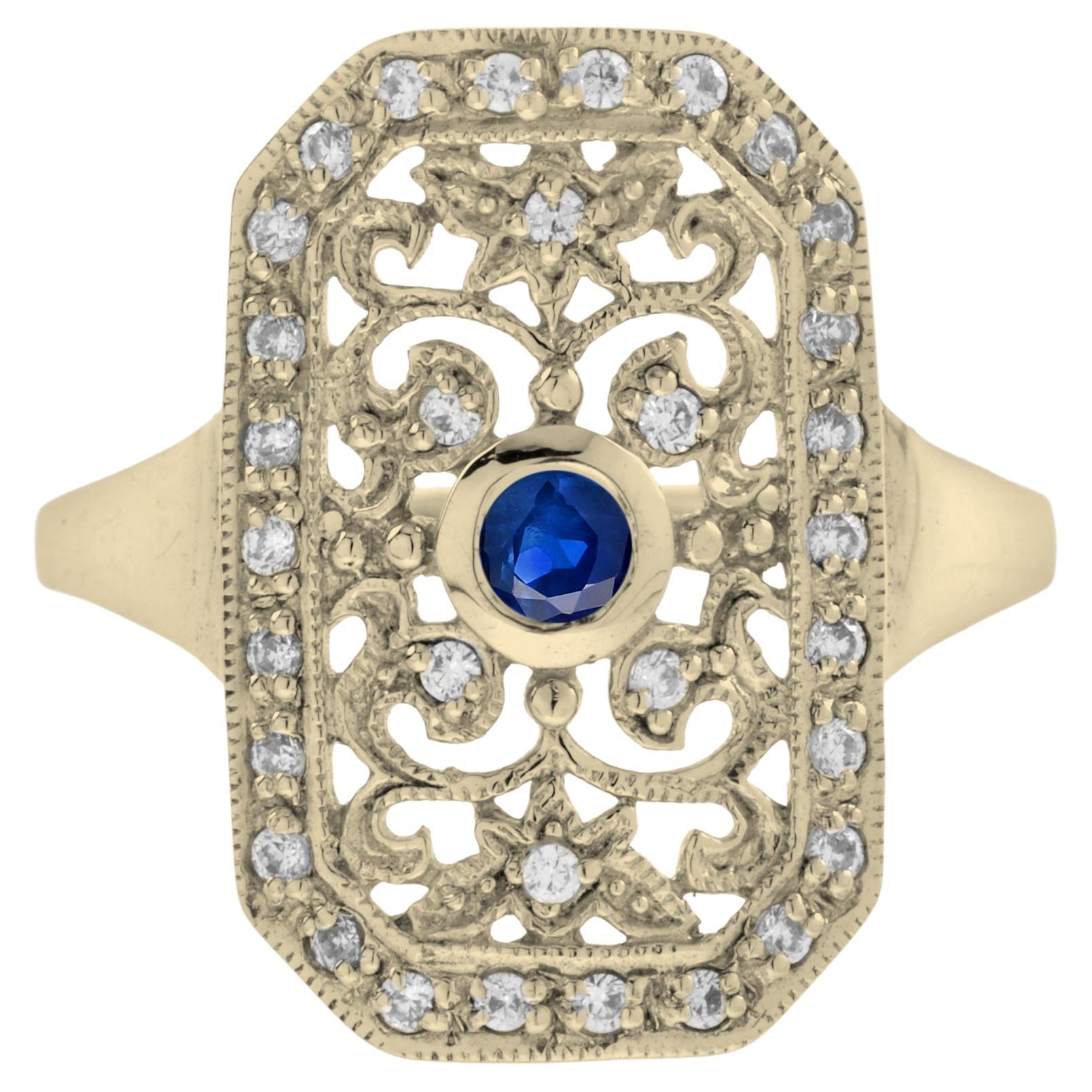 Sapphire and Diamond Vintage Style Filigree Ring in 14K Yellow Gold