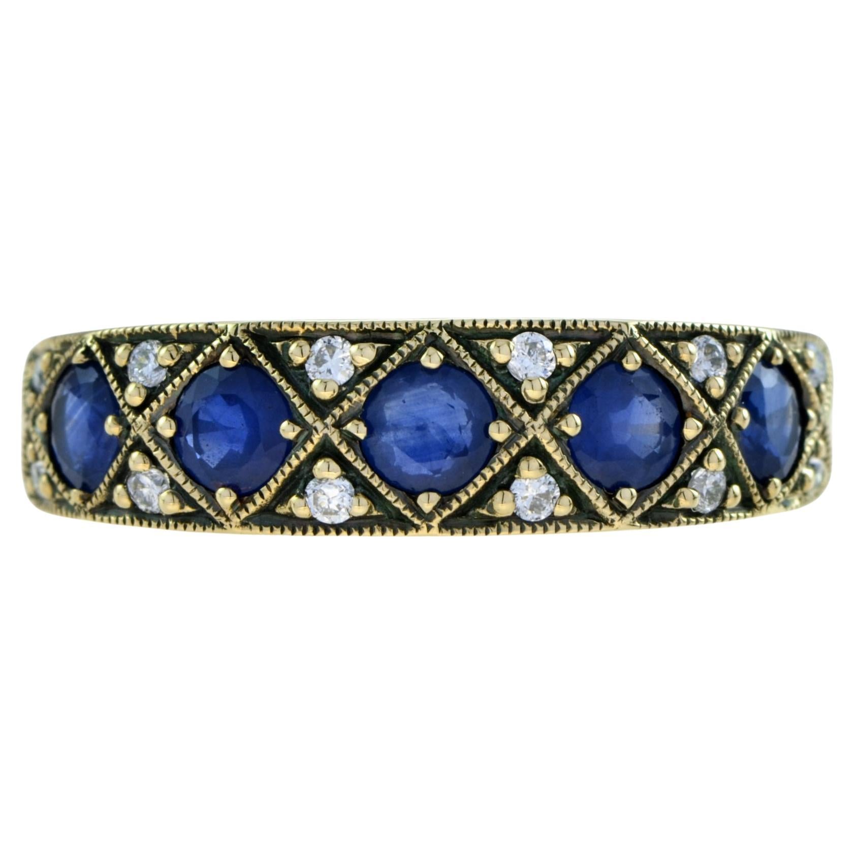 For Sale:  Sapphire and Diamond Vintage Style Half Eternity Band Ring in 9k Yellow Gold 3
