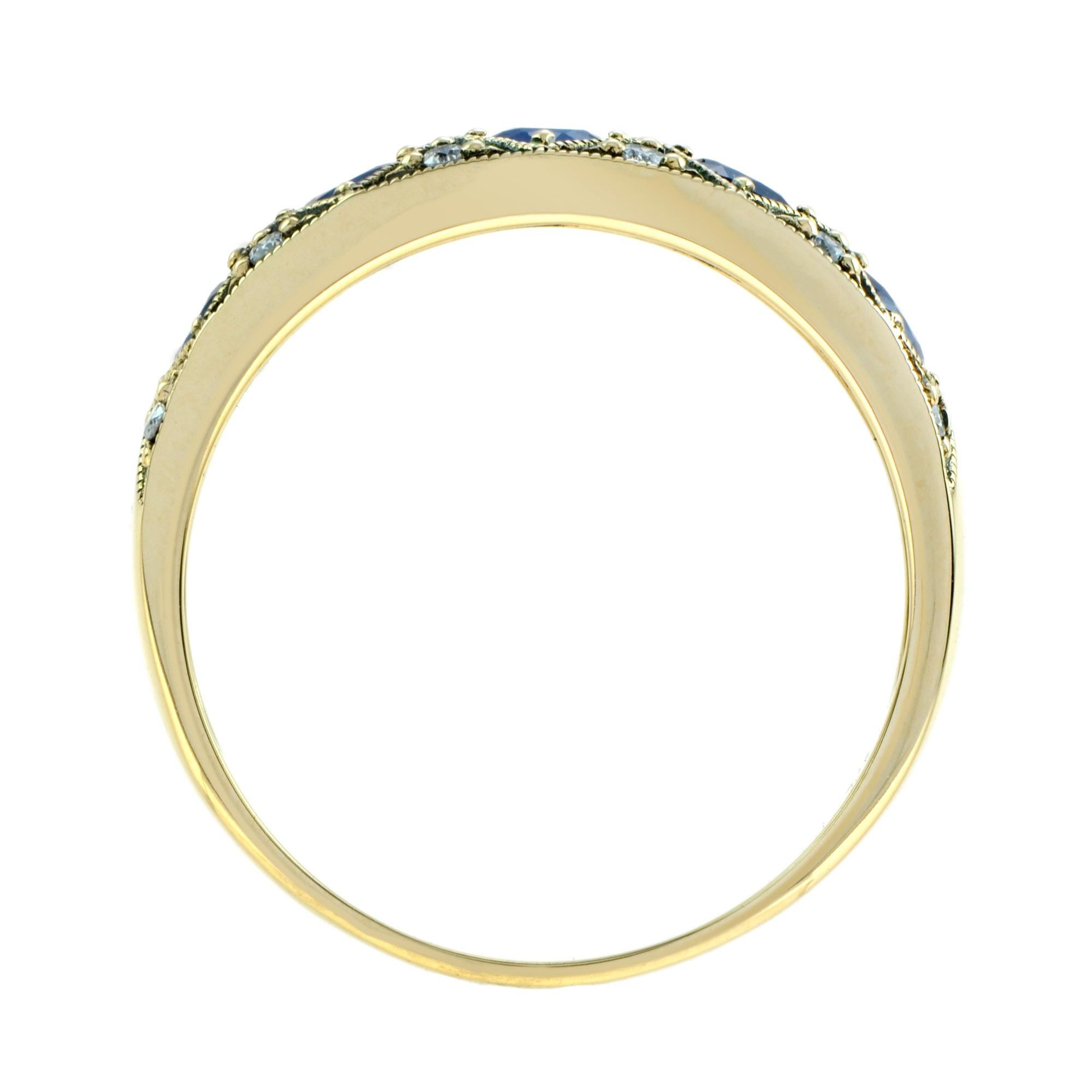 For Sale:  Sapphire and Diamond Vintage Style Half Eternity Band Ring in 9k Yellow Gold 6
