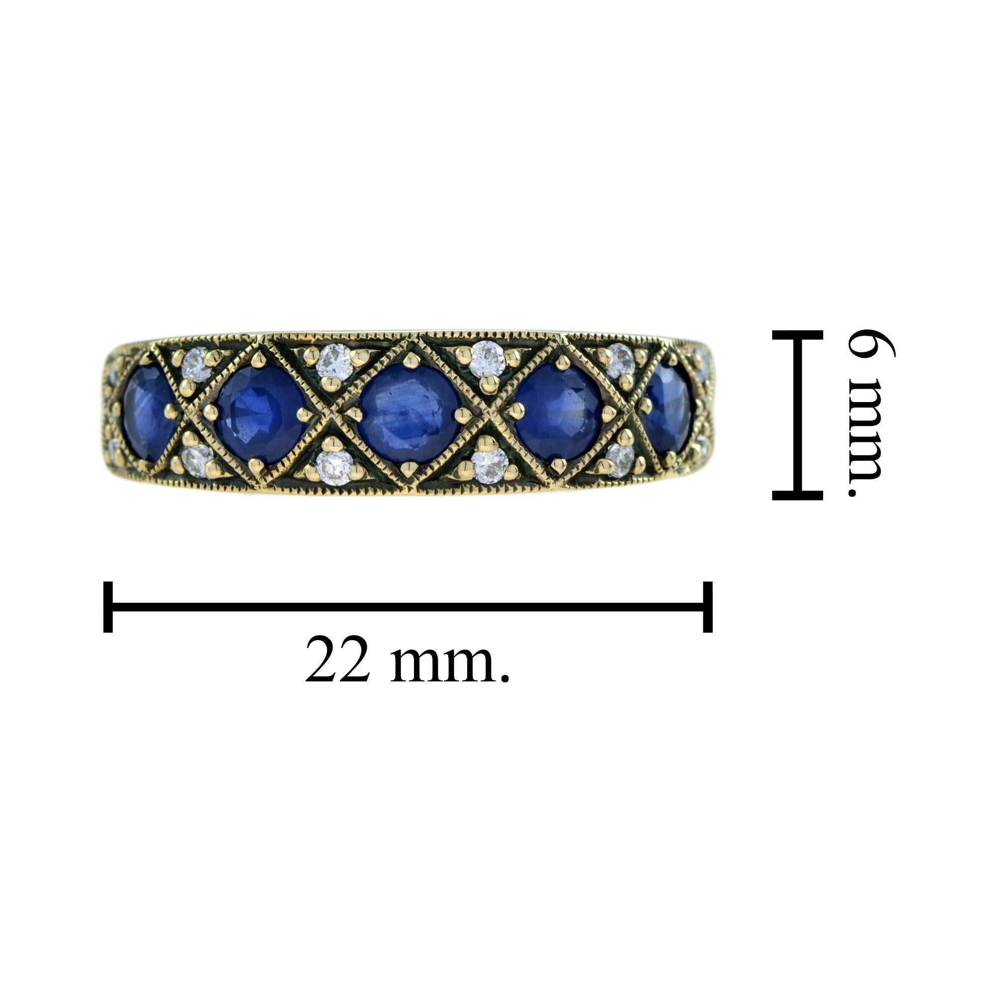 For Sale:  Sapphire and Diamond Vintage Style Half Eternity Band Ring in 9k Yellow Gold 7
