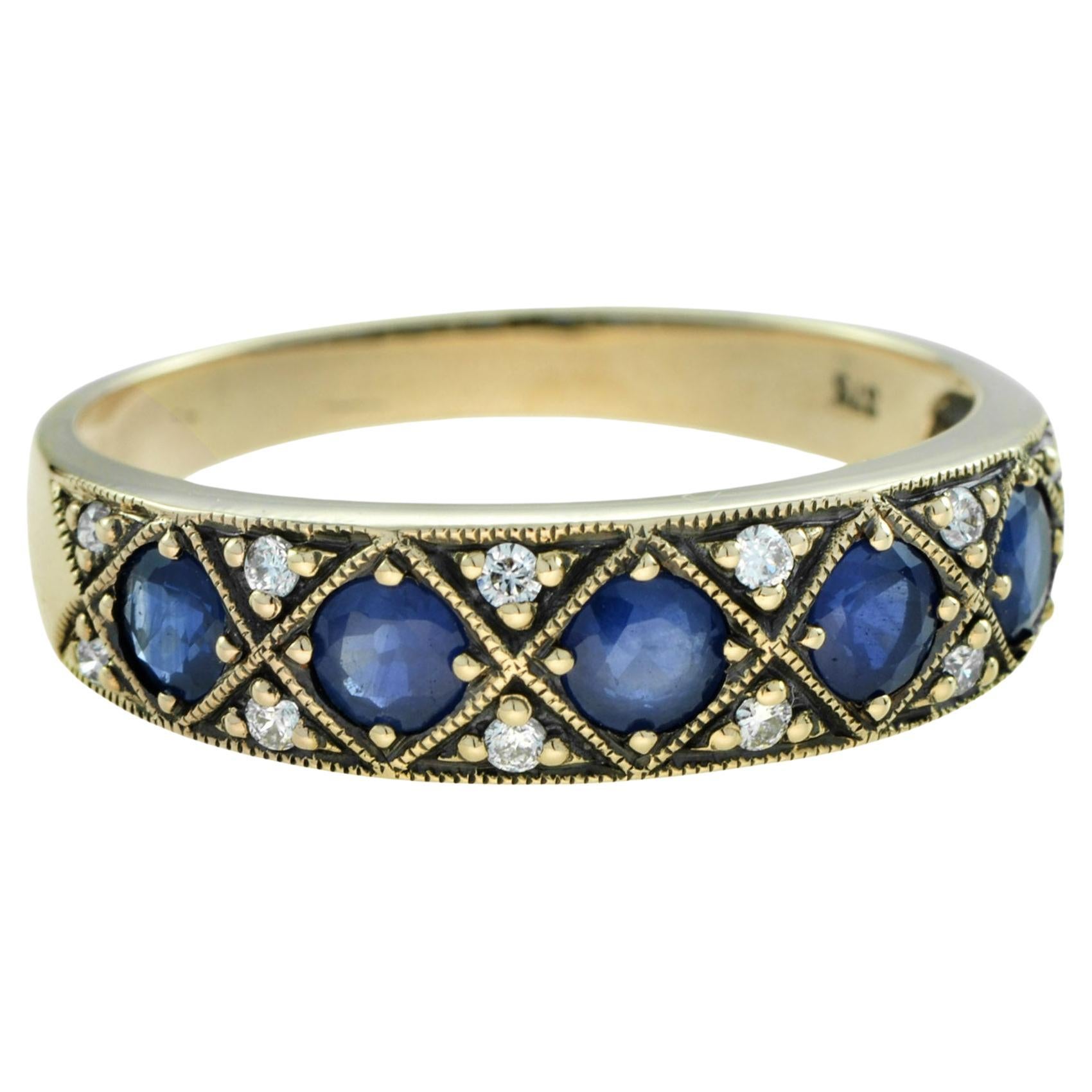 For Sale:  Sapphire and Diamond Vintage Style Half Eternity Band Ring in 9k Yellow Gold