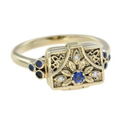 Sapphire and Diamond Vintage Style Poison Locket Ring in 9K Yellow Gold