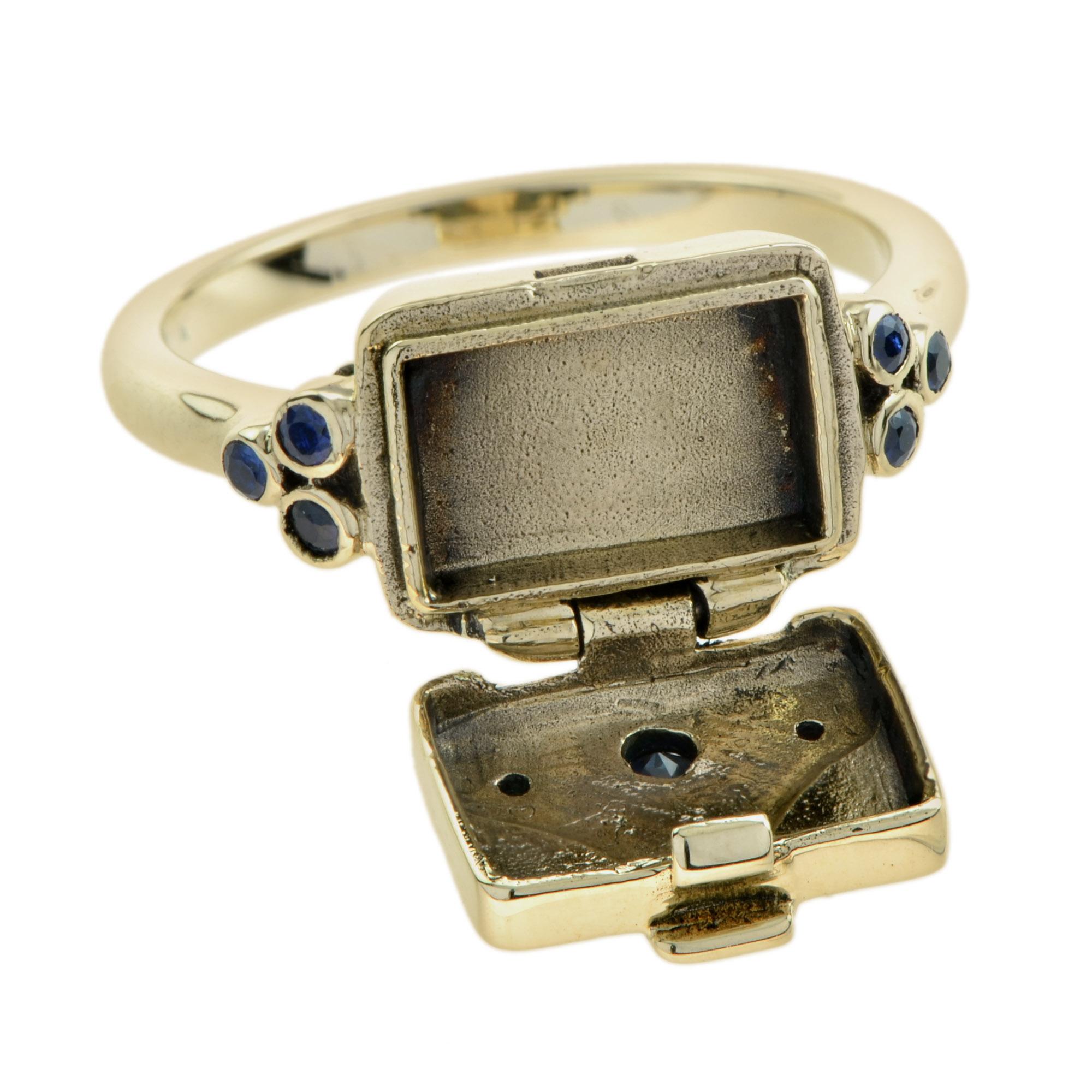 For Sale:  Sapphire and Diamond Vintage Style Poison Locket Ring in 9k Yellow Gold 3