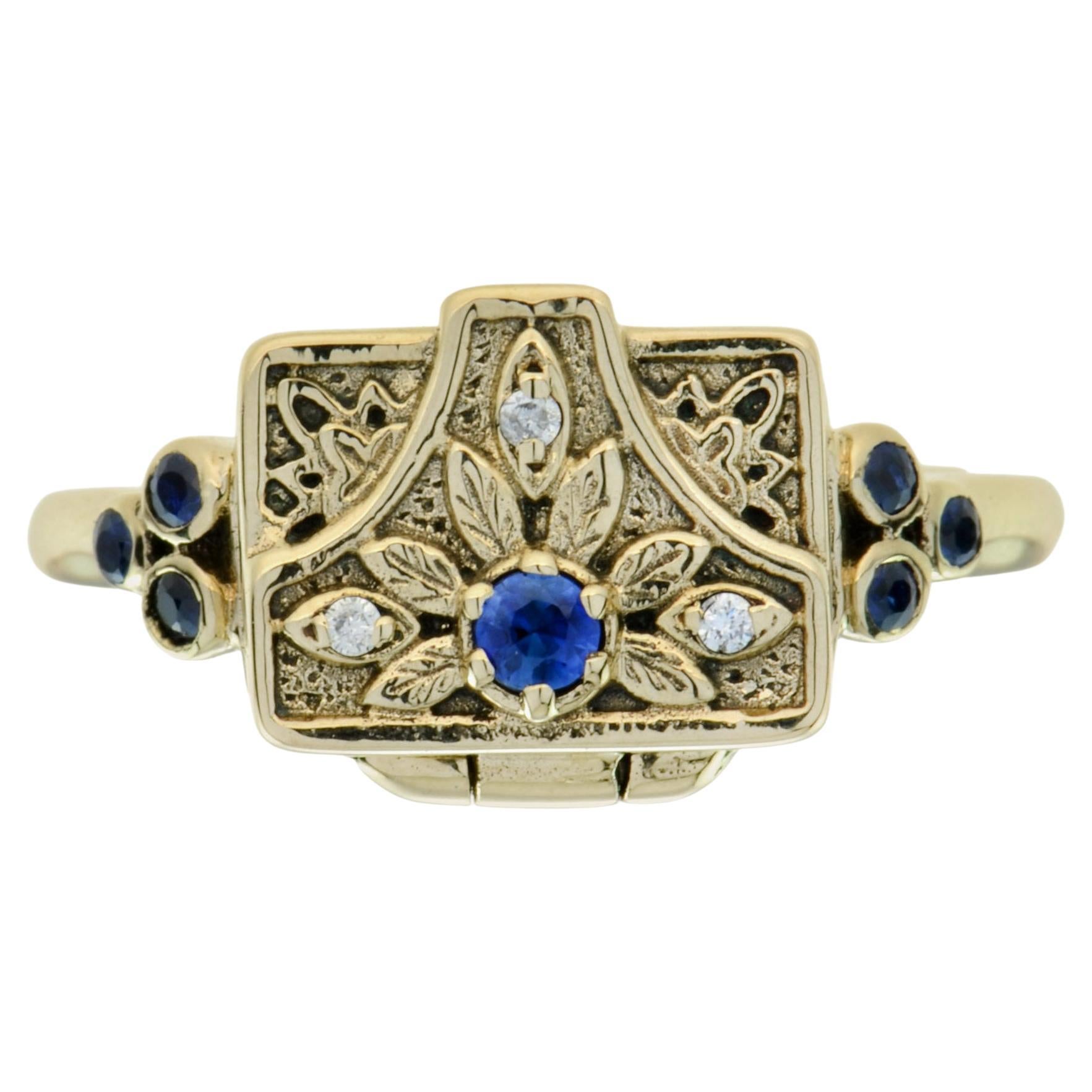 For Sale:  Sapphire and Diamond Vintage Style Poison Locket Ring in 9k Yellow Gold