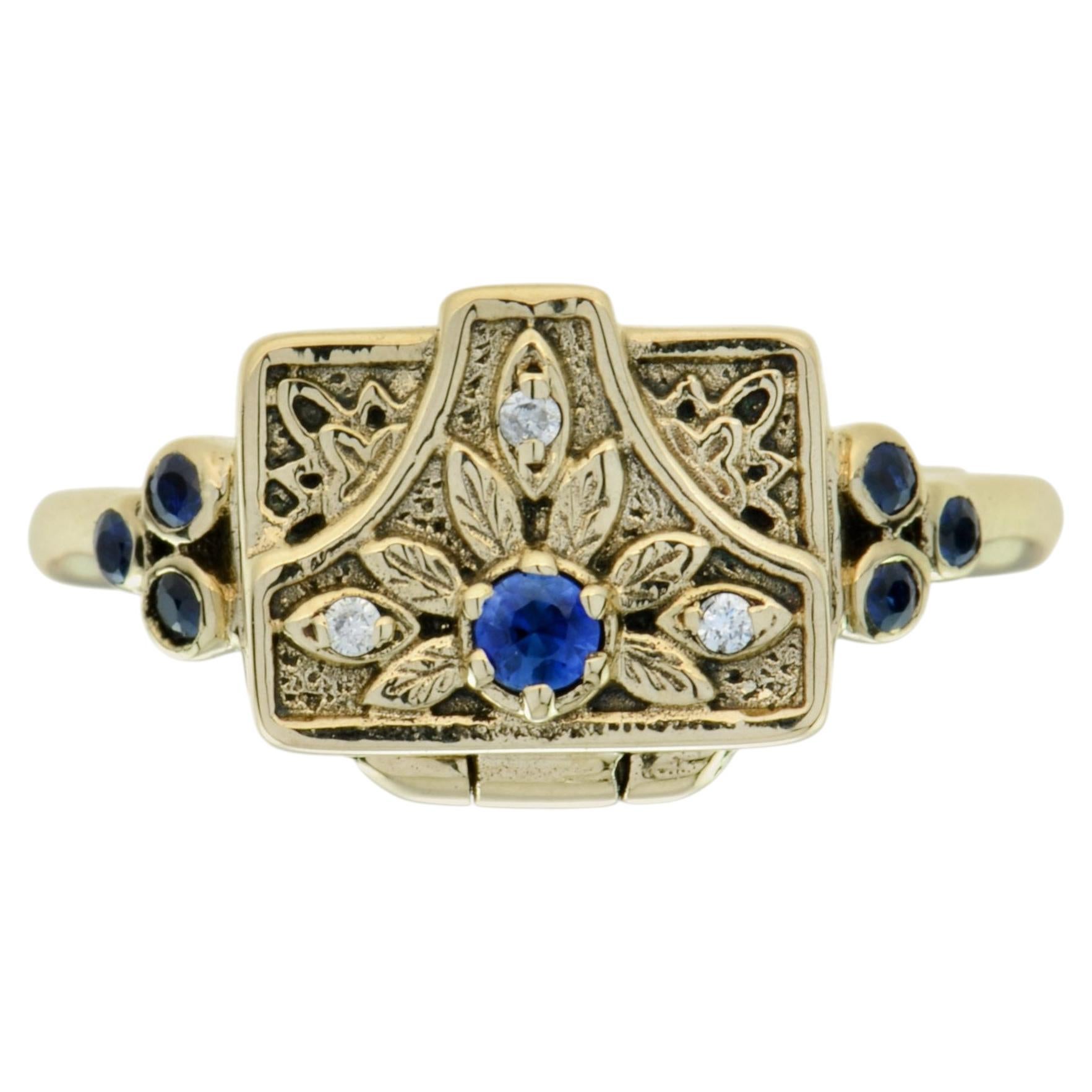 Poison Ring with Sapphire and Diamond Floral Engraving in 9K Gold For Sale