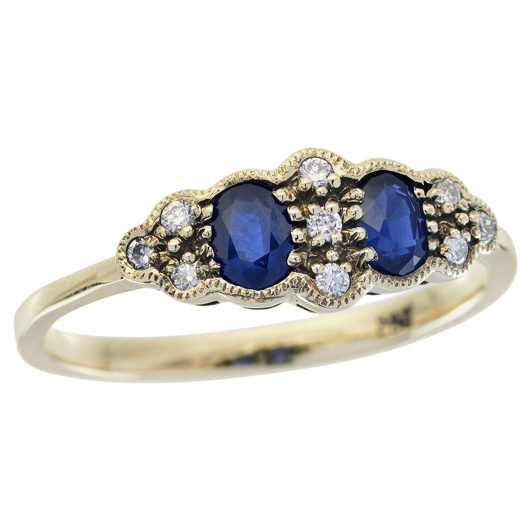 Bague à deux pierres de style vintage en or jaune 9K massif, saphir et diamant