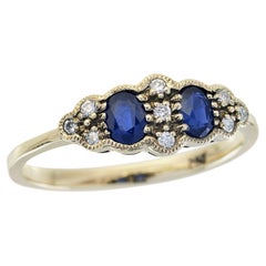 Sapphire and Diamond Vintage Style Two Stones Ring in Solid 9K Yellow Gold