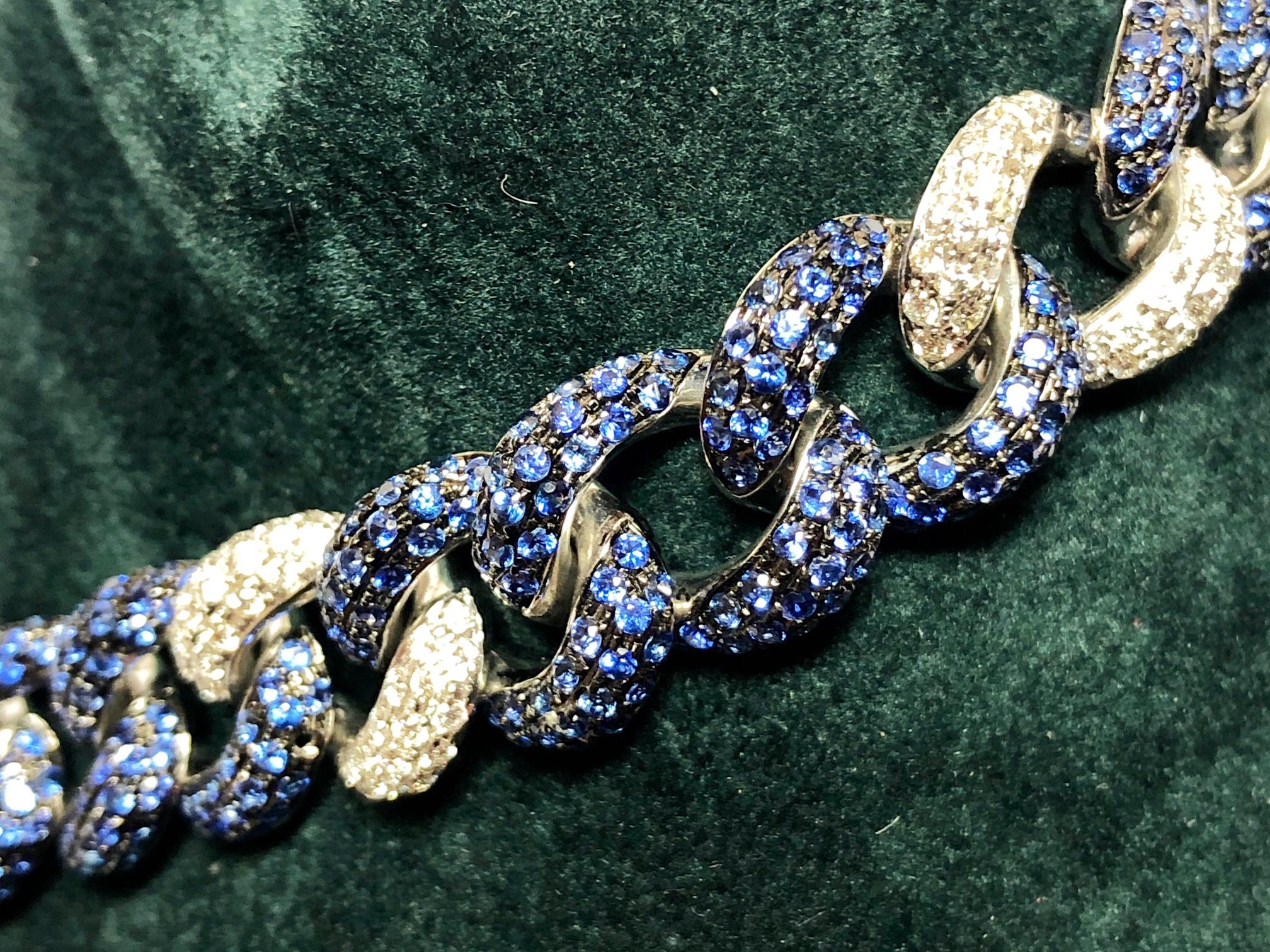 Women's or Men's Sapphire and Diamond White Gold Curb Link Bracelet