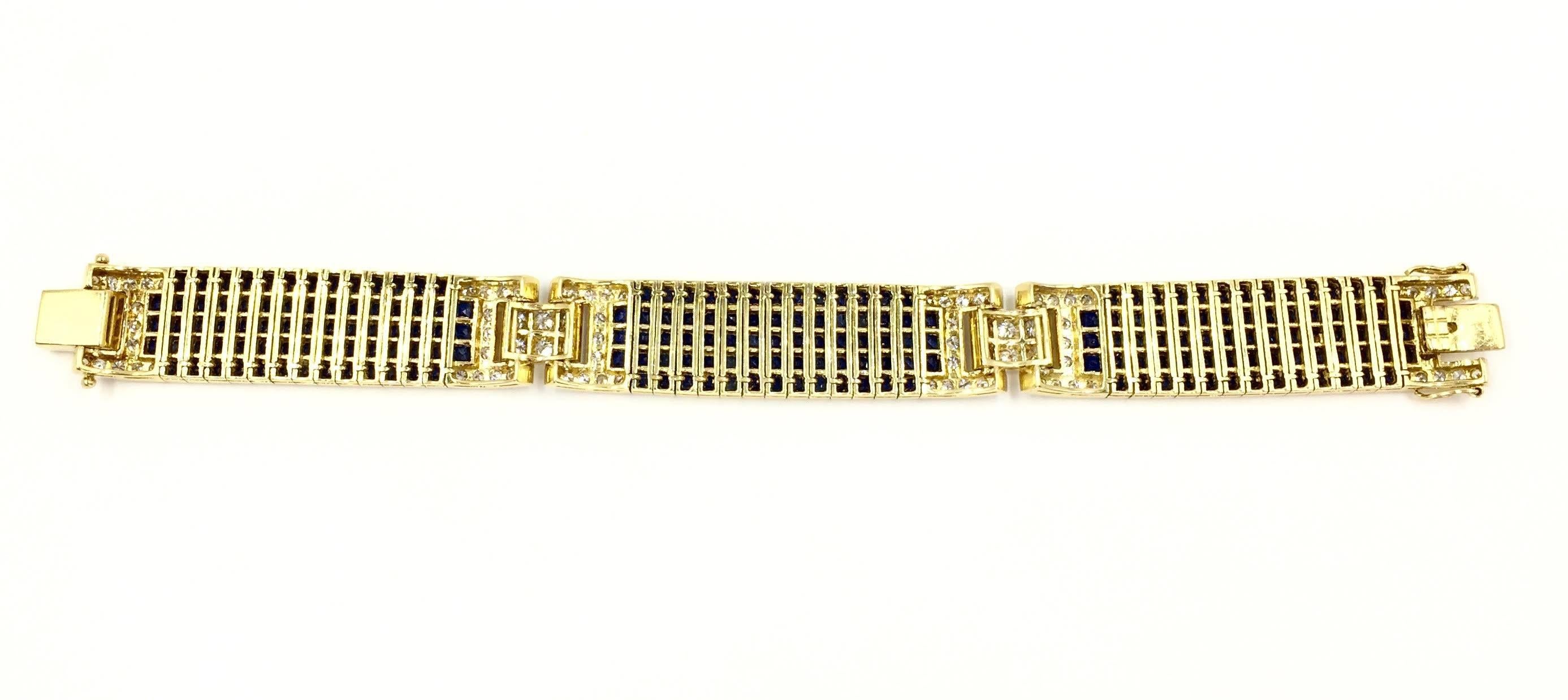 Modern Sapphire and Diamond Wide Bracelet 18K Yellow Gold Approx. 35 Carats Sapphire TW For Sale