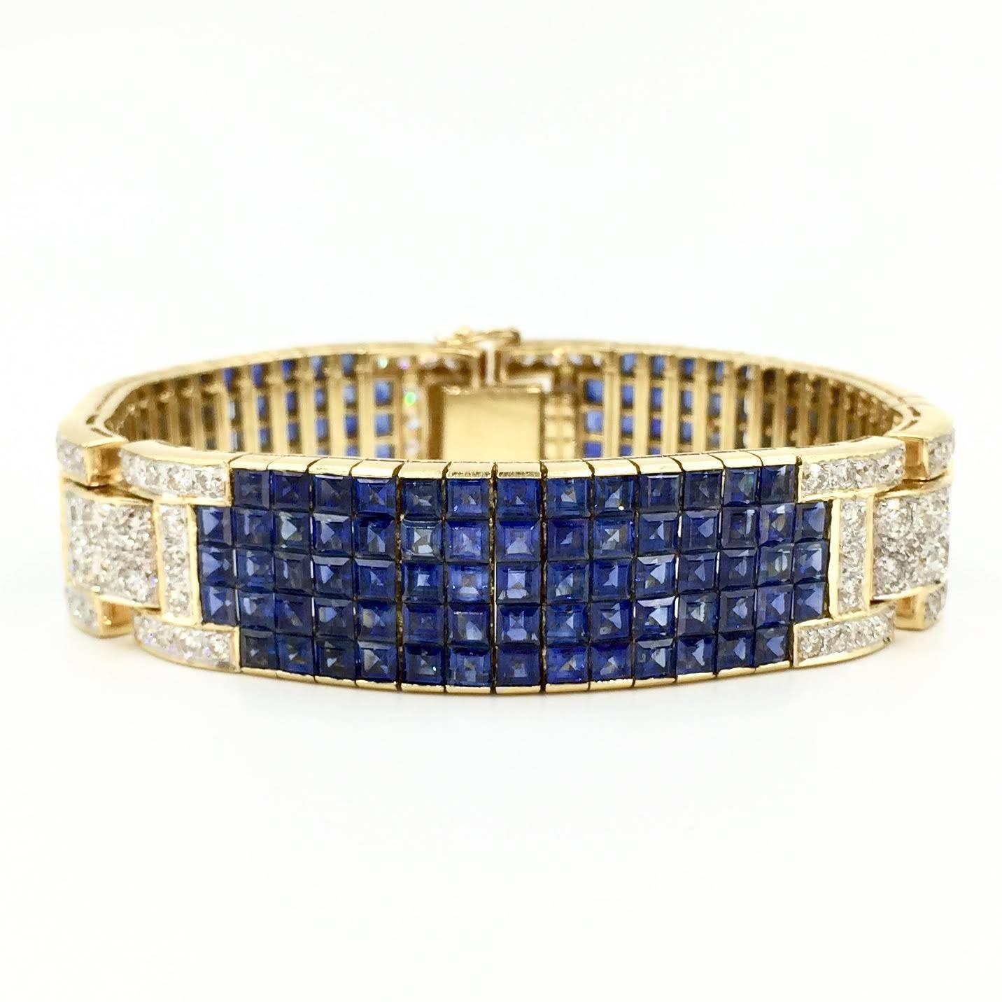 Sapphire and Diamond Wide Bracelet 18K Yellow Gold Approx. 35 Carats Sapphire TW In Excellent Condition For Sale In Pikesville, MD