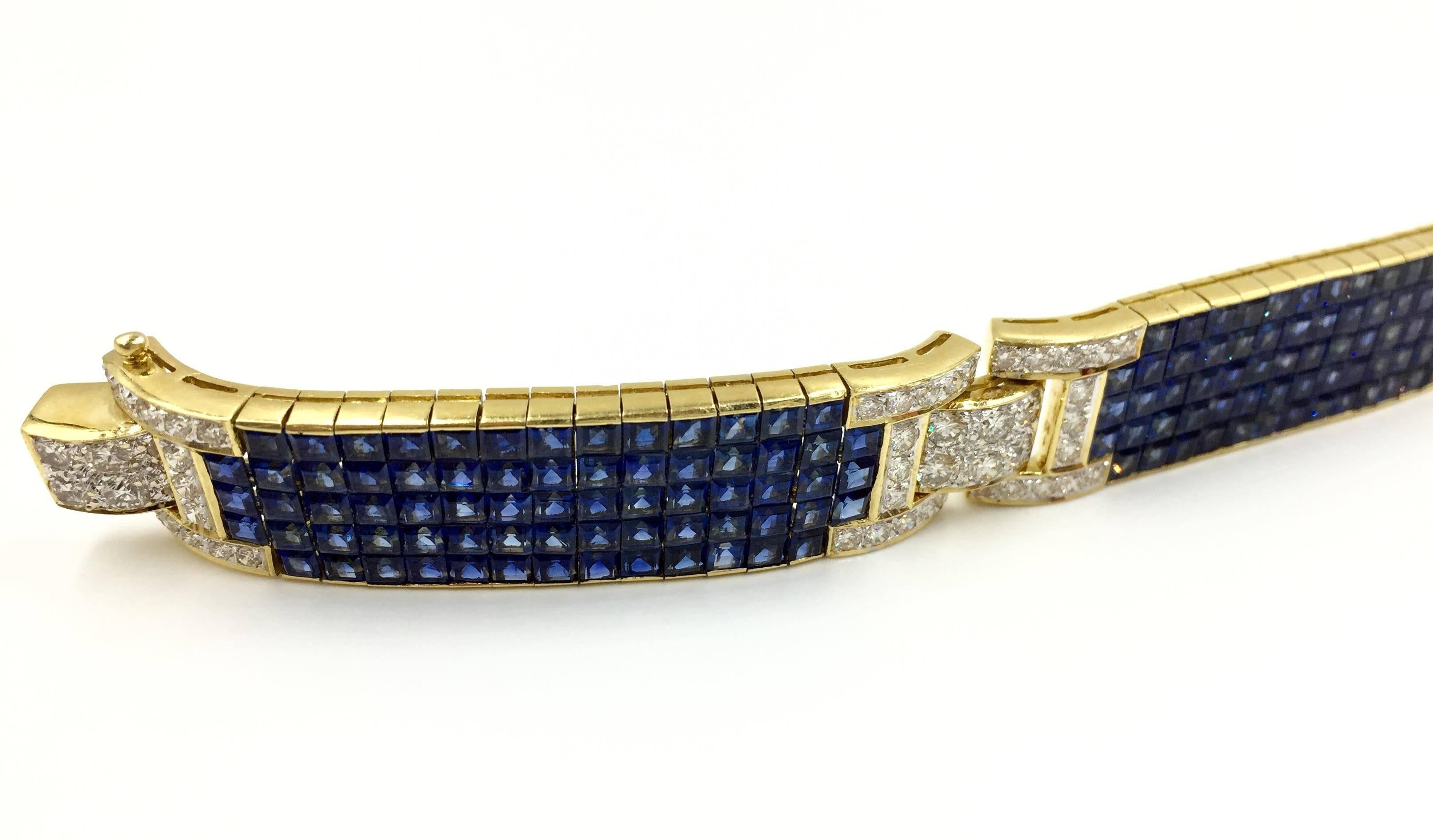 Women's Sapphire and Diamond Wide Bracelet 18K Yellow Gold Approx. 35 Carats Sapphire TW For Sale