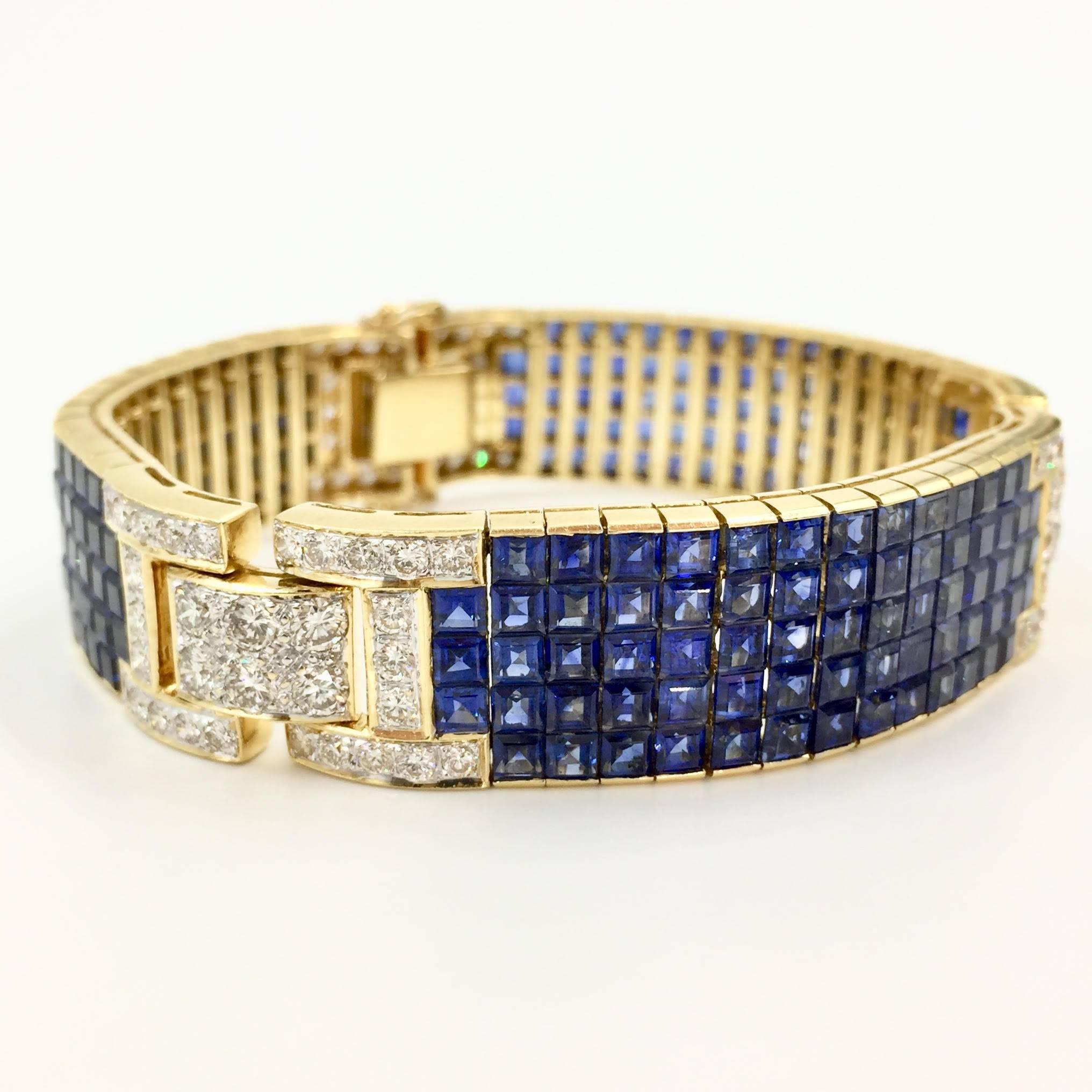 Sapphire and Diamond Wide Bracelet 18K Yellow Gold Approx. 35 Carats Sapphire TW For Sale 1