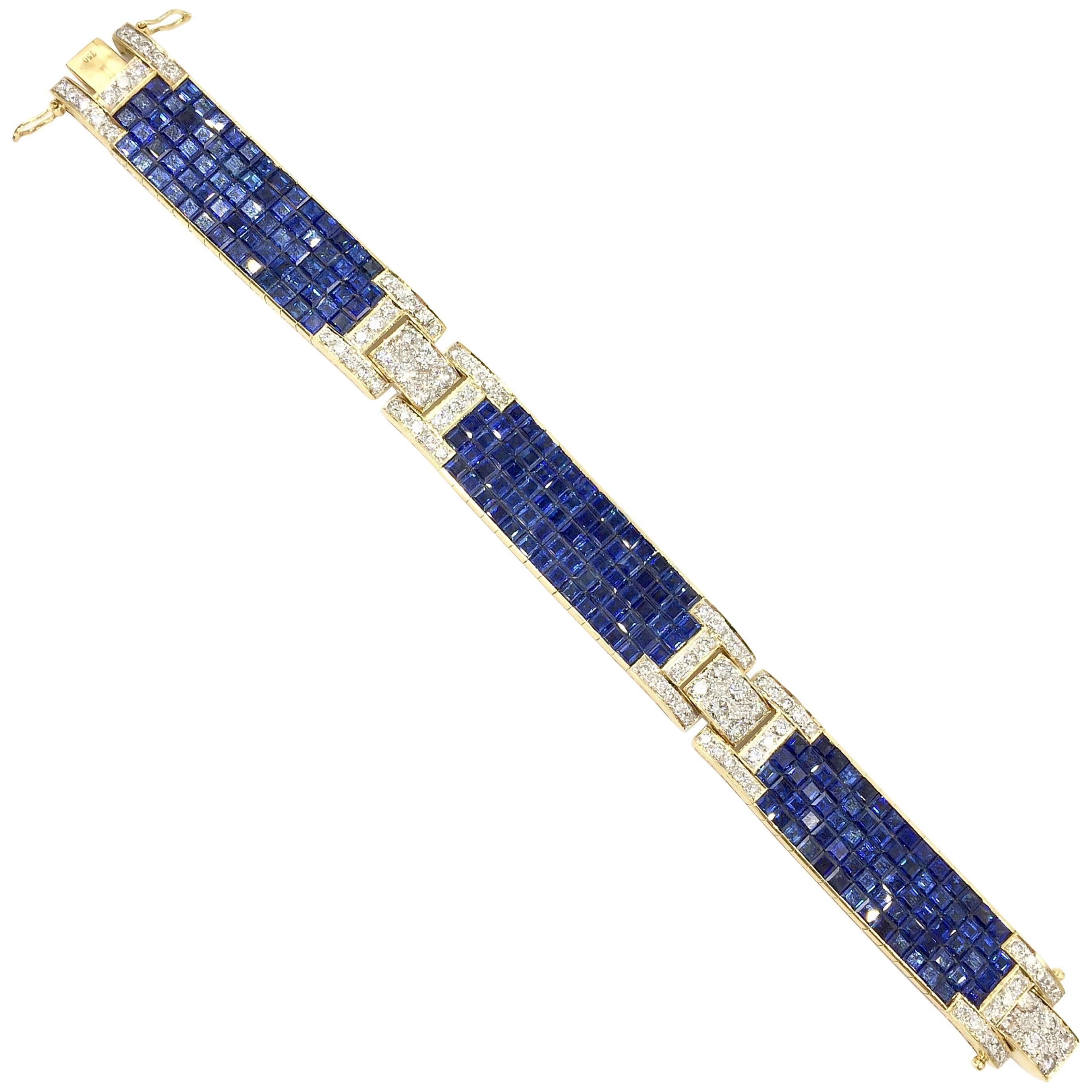 Sapphire and Diamond Wide Bracelet 18K Yellow Gold Approx. 35 Carats Sapphire TW For Sale