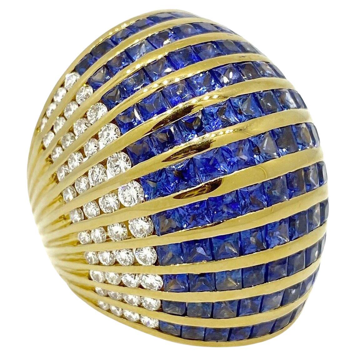 Sapphire and Diamond Wide Dome Cocktail Ring in 18k Yellow Gold For Sale