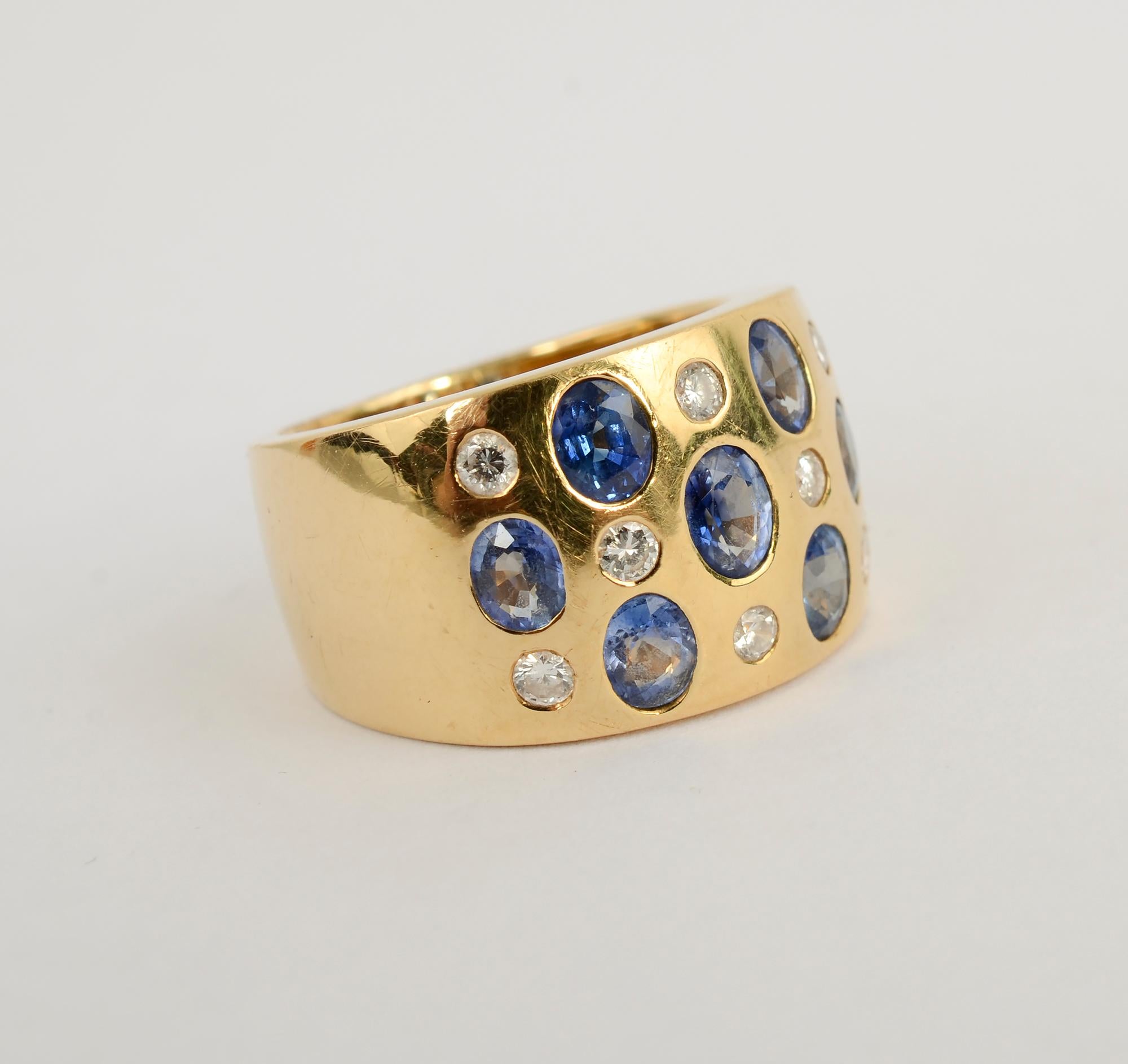Modern Sapphire and Diamond Wide Gold Band Ring