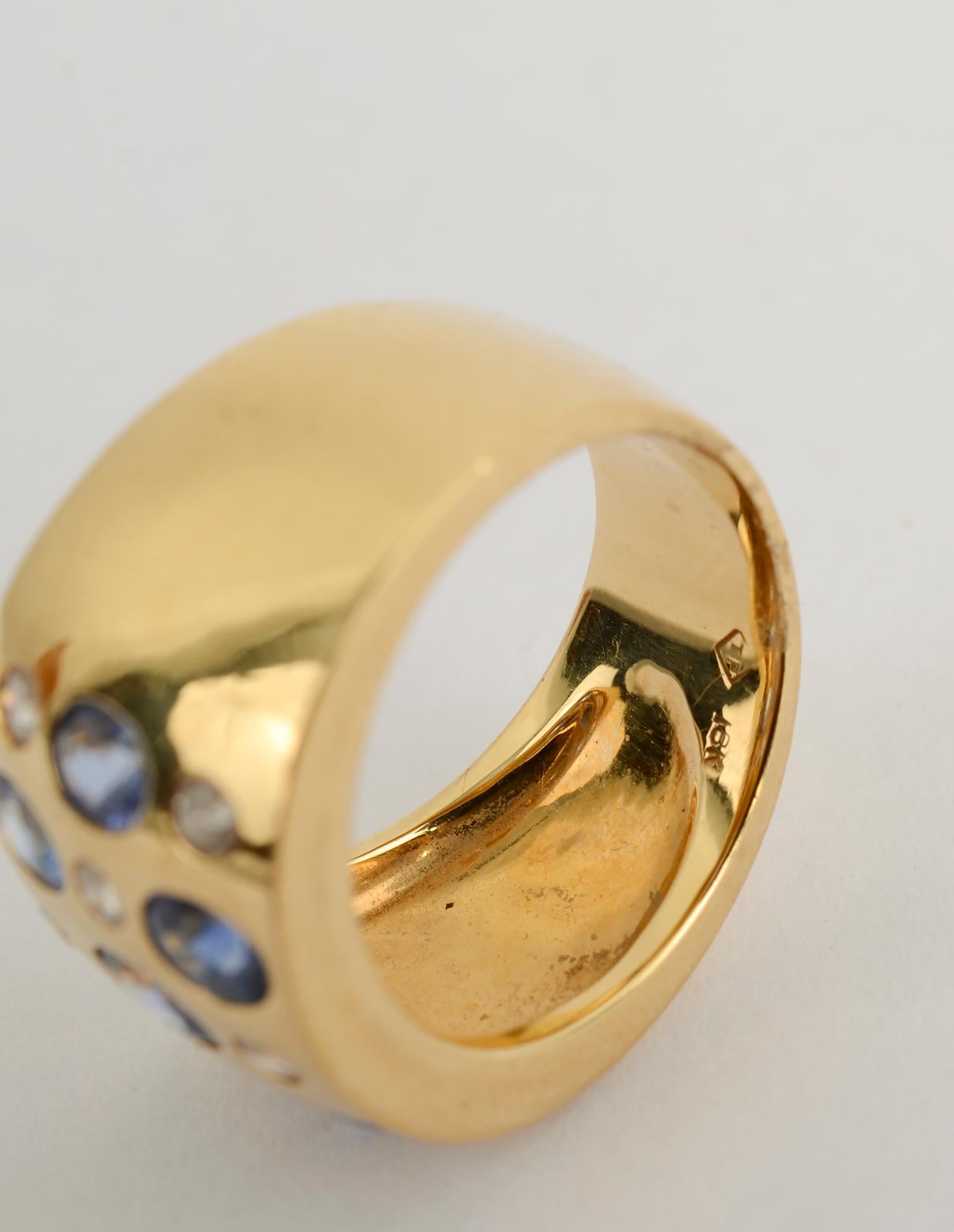 Sapphire and Diamond Wide Gold Band Ring 1