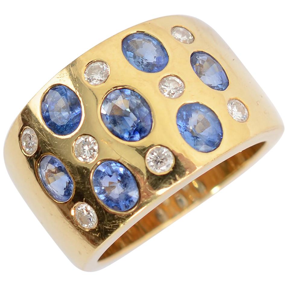 Sapphire and Diamond Wide Gold Band Ring